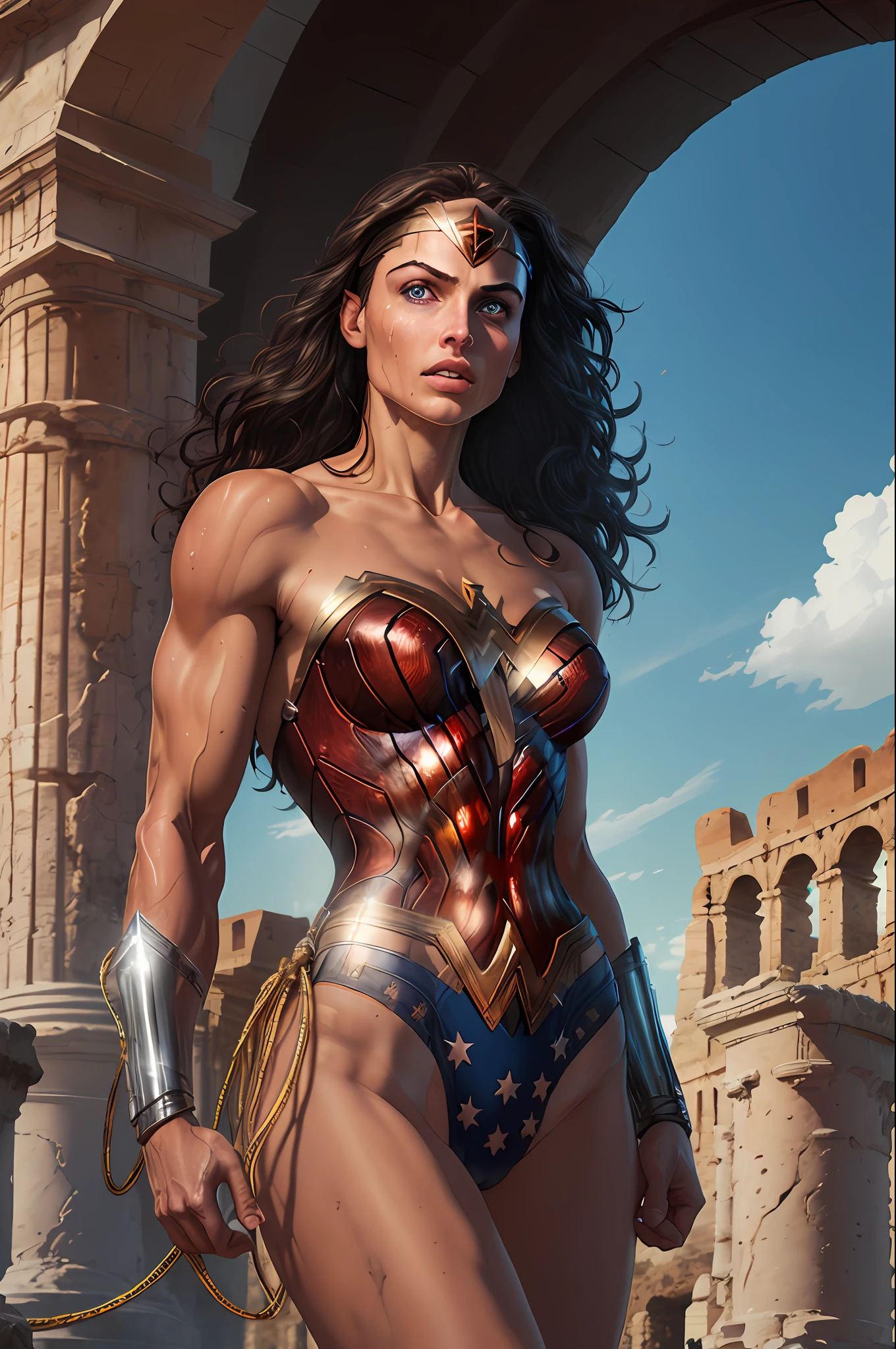 8k, best quality, real photo, intricate detail, ultra detail, super high resolution, depth of field, (realistic, realistic:1.2), masterpiece, 1girl&#39;s photo, wonder woman, superhero, fighting stance, photorealistic, leotard, boots, tiara , realistic blue eyes, dark hair, lips, long hair, solo, (Reveal Costume: 1.3), natural skin texture, slightly sunburned skin tone, sweat dripping down face, legs and body, burning sky, Colosseum background, ancient greek background, nikon d850, film stock, photo 4 kodak portra 400 camera f1.6 lens, rich colors, surreal, vivid textures, dramatic lighting, unreal engine, trends from artstation, cinestill 800