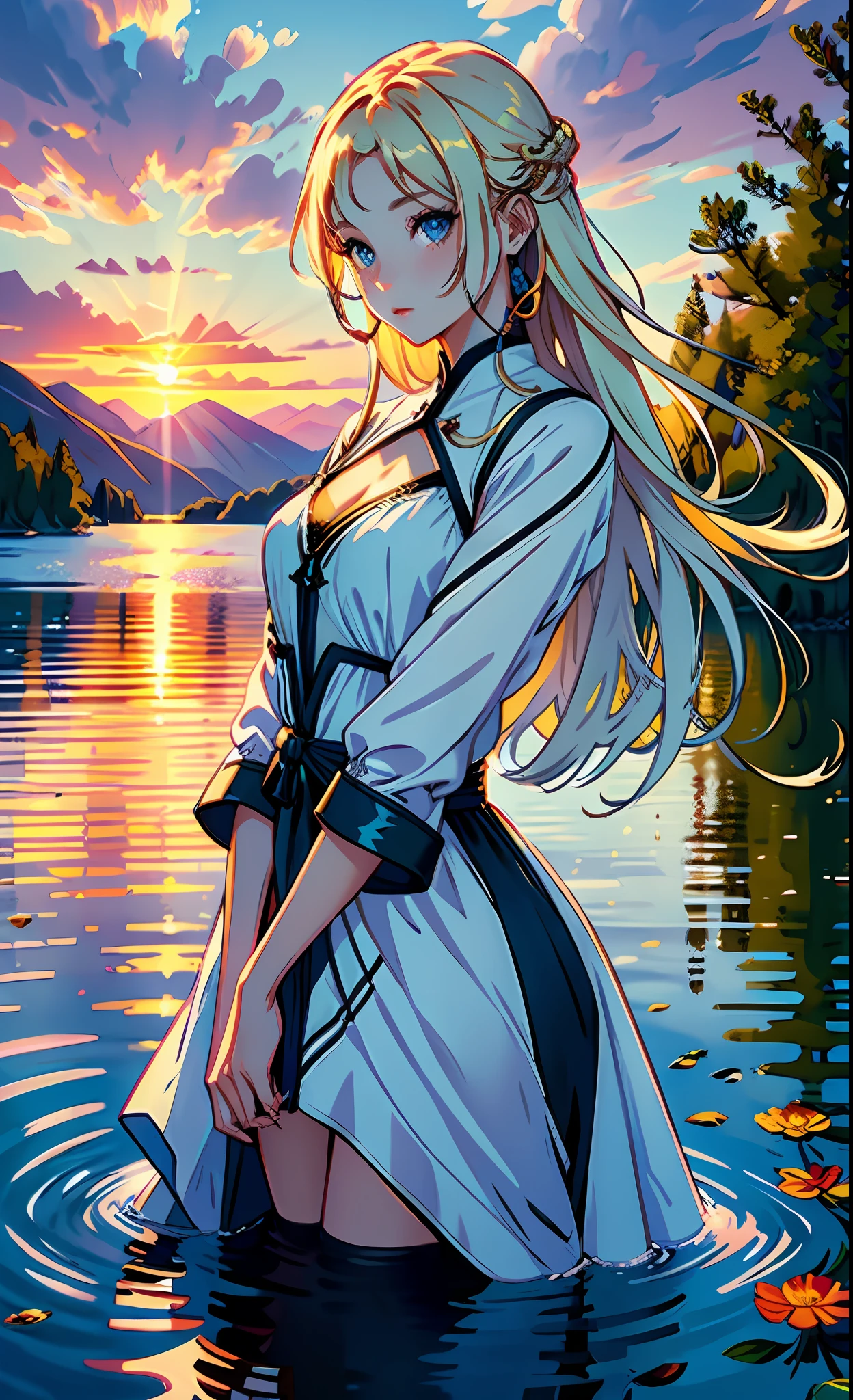 1 girl, serene expression, mesmerizing eyes, straight long hair, flowing dress, poised posture, porcelain skin, subtle blush, crystal pendant
BREAK
golden hour, (rim lighting):1.2, warm tones, sun flare, soft shadows, vibrant colors, painterly effect, dreamy atmosphere
BREAK
scenic lake, distant mountains, willow tree, calm water, reflection, sunlit clouds, peaceful ambiance, idyllic sunset, ultra detailed, official art, unity 8k wallpaper
, zentangle, mandala