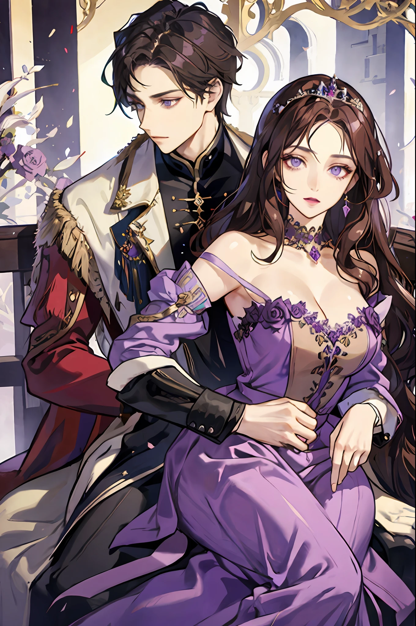Woman with brown hair and violet eyes, purple dress, royalty, nobility, princess, elegant, hugs a man with black hair and green eyes, high quality, highly detailed, detailed face, castle