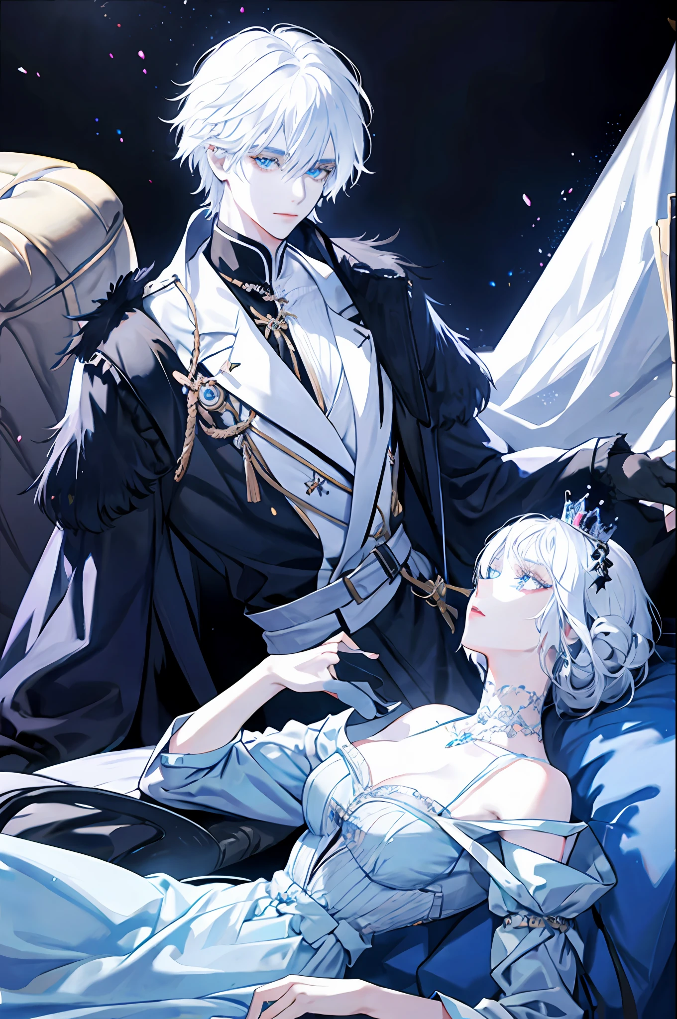 White haired woman lying in the arms of a black haired man, light blue eyes, royalty, nobility, princess, prince, bad boy, high quality, highly detailed, detailed face
