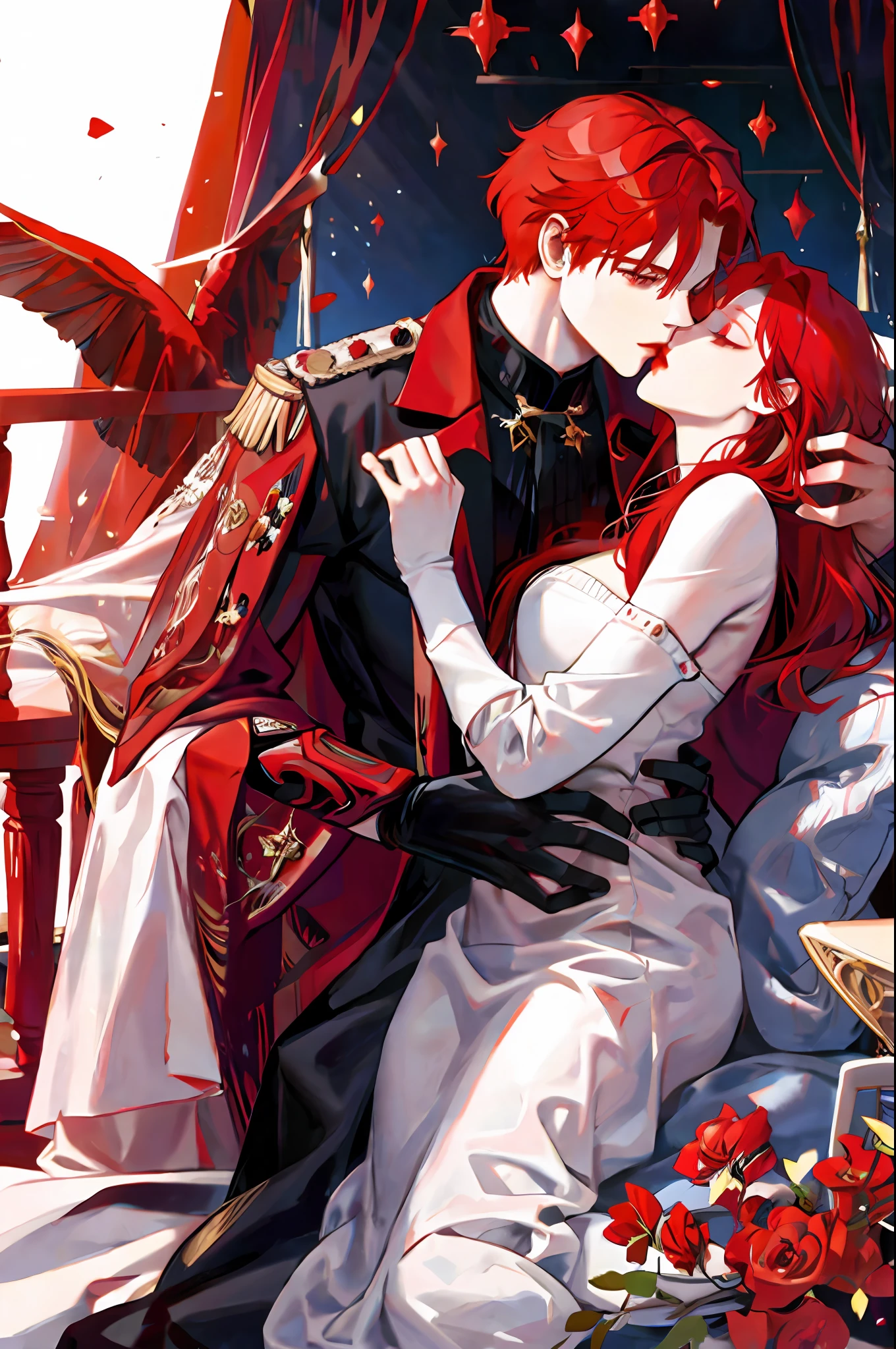 Red-haired woman lying in the arms of a red-haired man, royalty, nobility, princess, elegant, kiss, high quality