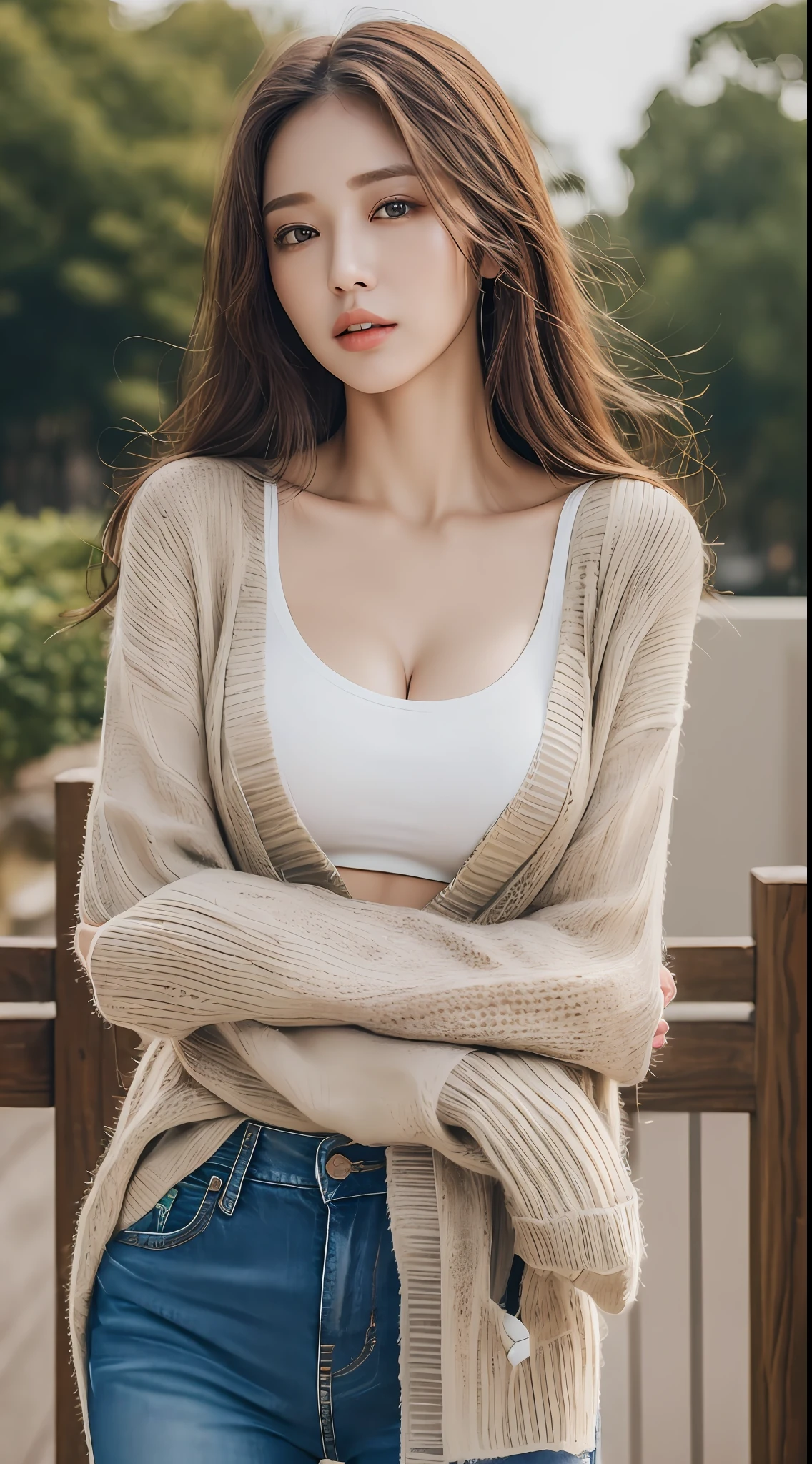 ((Best quality, 8k, Masterpiece :1.3)), sensual woman, 1girl, huge breasts :1.3, (firm abs, slender figure :1.1), dark brown hair, (outdoor, cardigan, denim jean pants :1.1), ultra-detailed face, detailed lips, detailed eyes, double eyelid