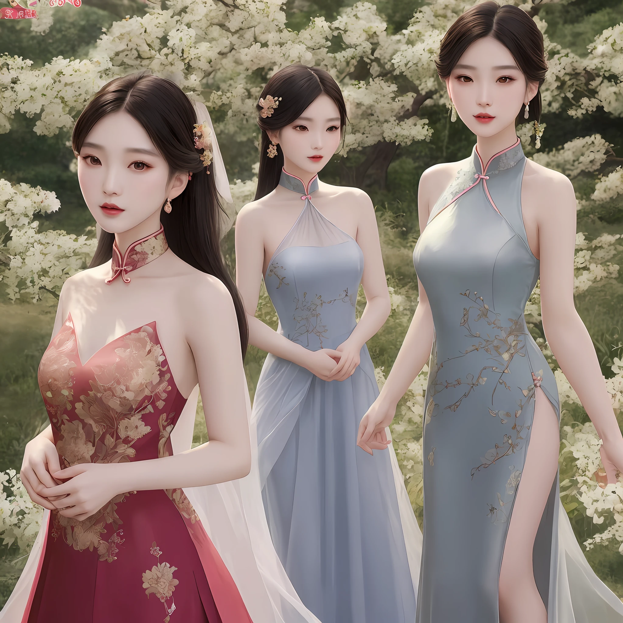 Gentle and pleasant Chinese fashion female model, (full body photo), (super exquisite and gorgeous low-cut evening dress), exquisite and sexy clavicle, charming oval face, double eyelids, smart peach blossom eyes, pink lips, small nose, bare shoulders , focusing on the face, close-up of the face, ultra-high-definition, super details, elegant standing posture