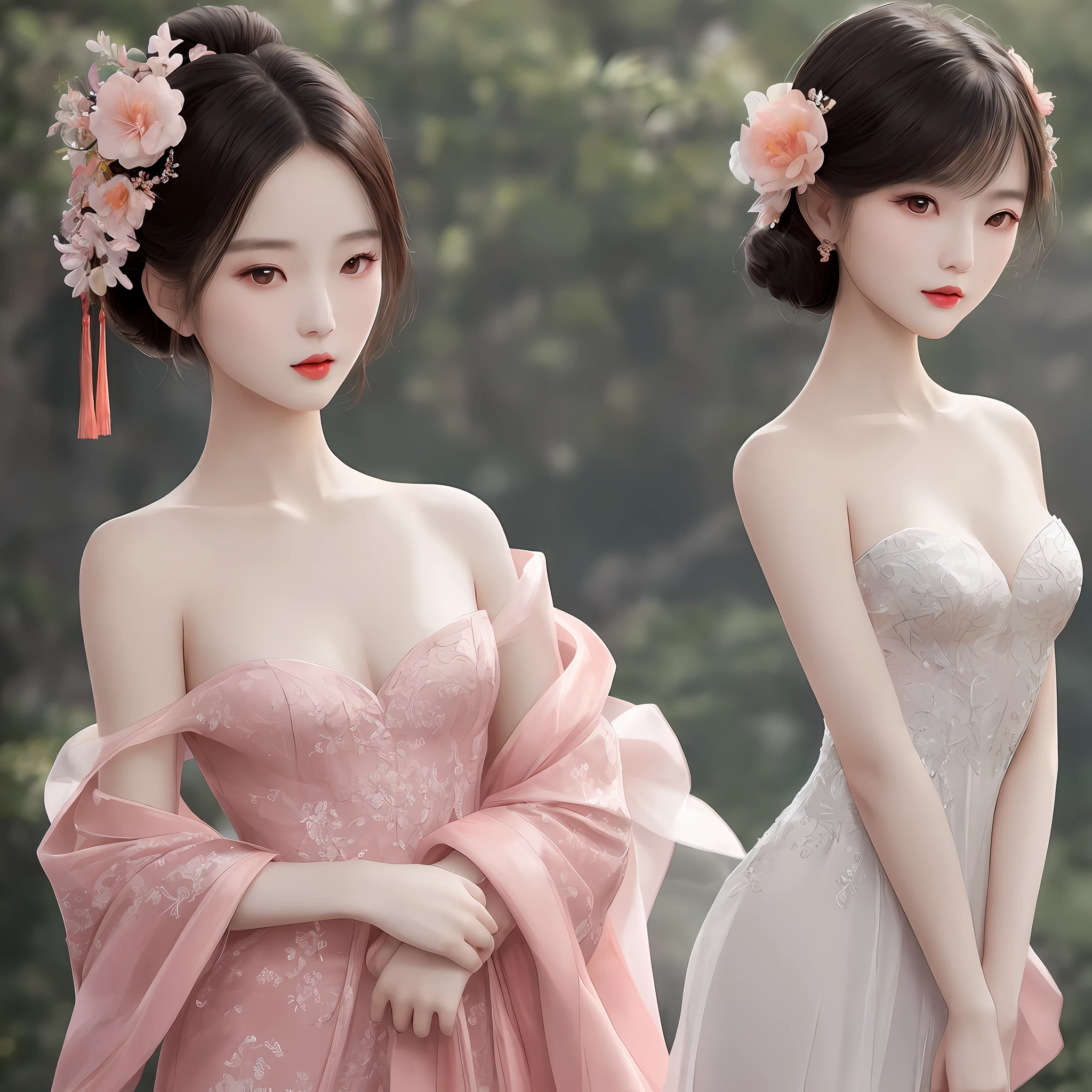 Gentle and pleasant Chinese fashion female model, (full body photo), (super exquisite and gorgeous low-cut evening dress), exquisite and clavicle, charming oval face, double eyelids, smart peach blossom eyes, pink lips, small nose, bare shoulders , focusing on the face, close-up of the face, ultra-high-definition, super details, elegant standing posture