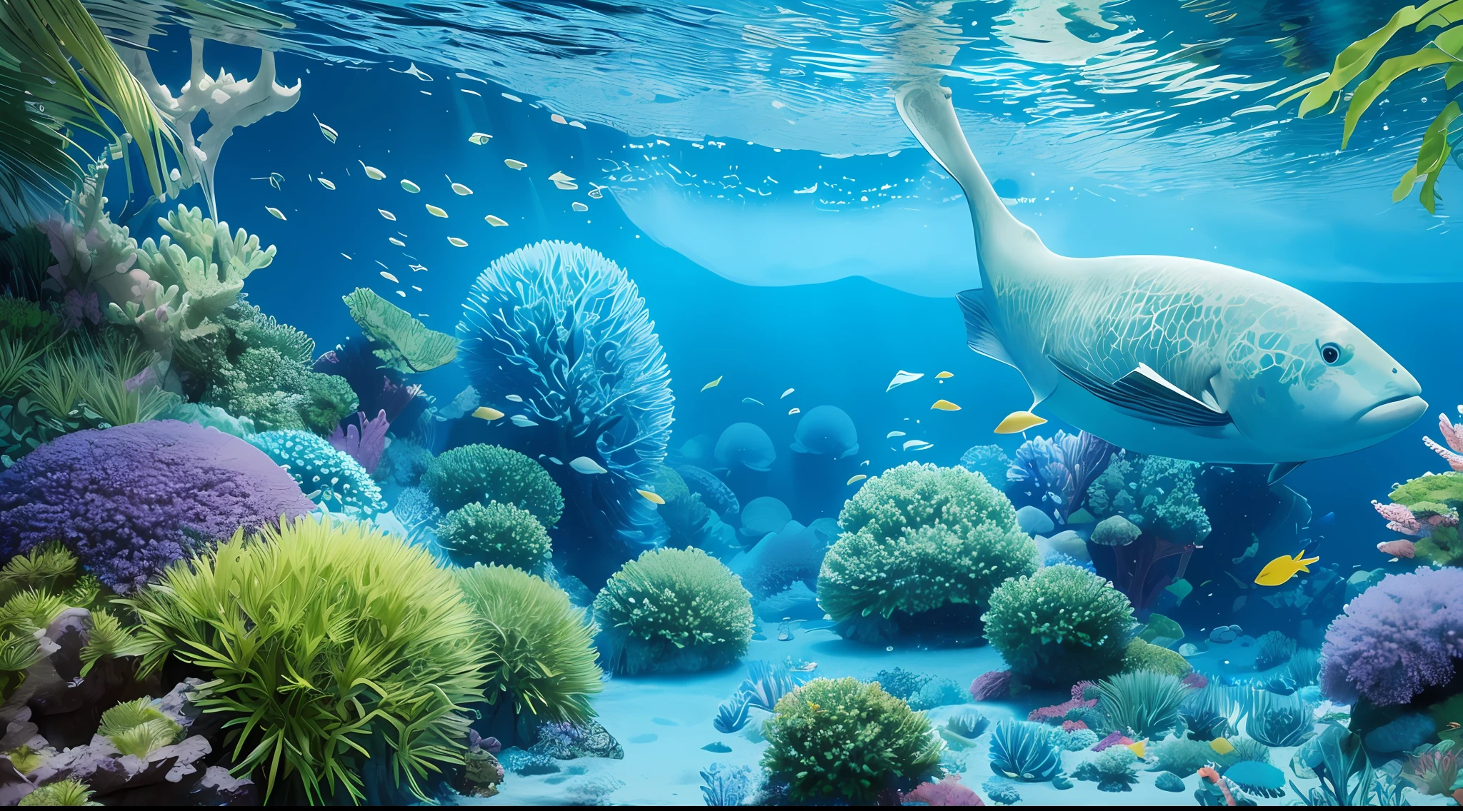 The color is blue-green gradient plus sunny yellow: 2, CG images with extreme details, depicting an underwater world full of peace and tranquility, majestic and awe-inspiring creatures are not bound by gravity among the floating plants and creatures, details Intricate, delicate structures and patterns that require careful observation to appreciate. The sunlight shining through the water creates a mysterious and ethereal glow in which hidden caves and mysterious creatures seem to exist beyond our own realm. (Ocean world full of vitality): unpredictable tones and patterns, wonderful plants and creatures, (clear picture quality and textures), fluorescent colors, charming audiovisual (undersea scenery), marine life and benthic plants walk through it , people can't help but be intoxicated. --v 6