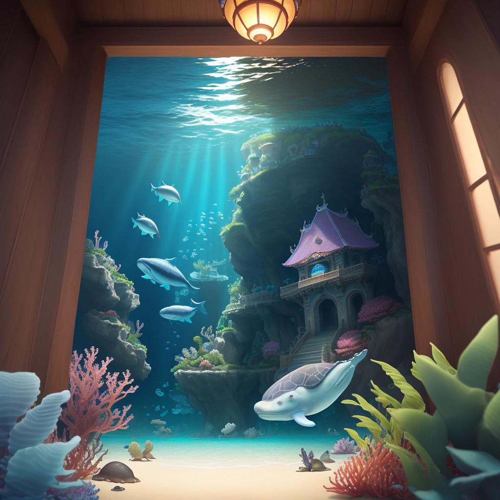 (underwater water world), there is a picture of an underwater scene with a castle, underwater city, underwater temple, underwater city, underwater temple, underwater temple with fish, masterpiece underwater scene, underwater temple The scene, the lost city of Atlantis, the underwater environment, the underwater environment, the ancient Chinese palace, ((the little girl rides a whale and swims from a distance)), (corals, sea turtles, jellyfish, many colorful sea fish) , Masterpiece, Best Quality, High Quality, Extremely Detailed CG Unity 8k Wallpaper, Oil Painting, Award Winning Photography, (Long View), Depth of Field, OC, Glow, Chromatic Aberration, Realistic, Very Detailed