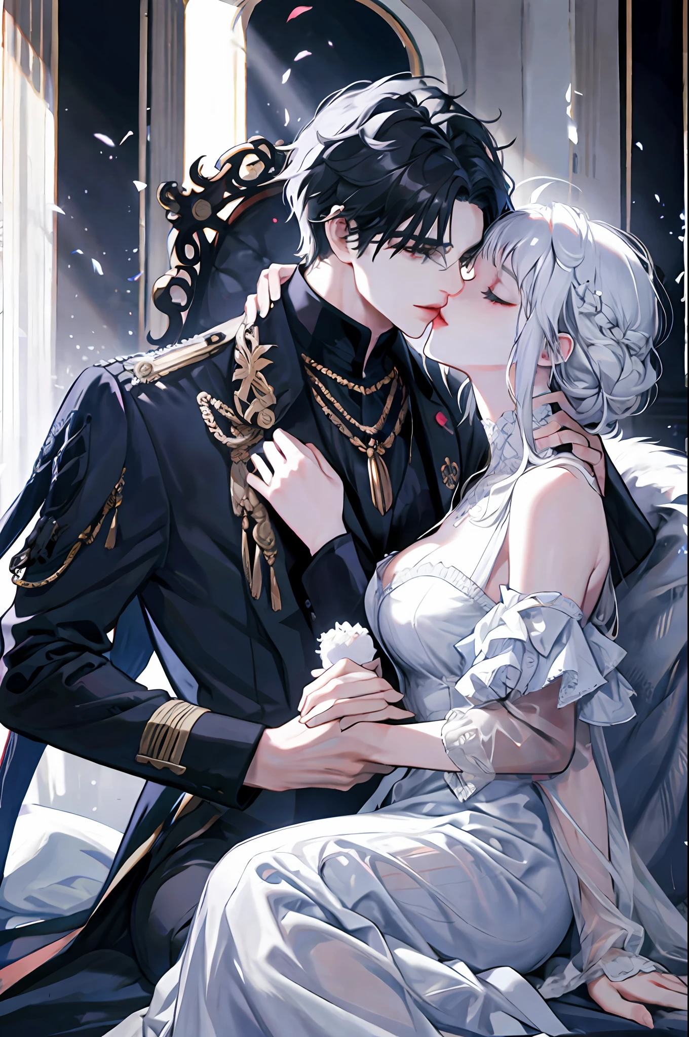 White-haired woman lying in the arms of a black-haired man, royalty, nobility, princess, elegant, kiss, high quality, couple, kiss