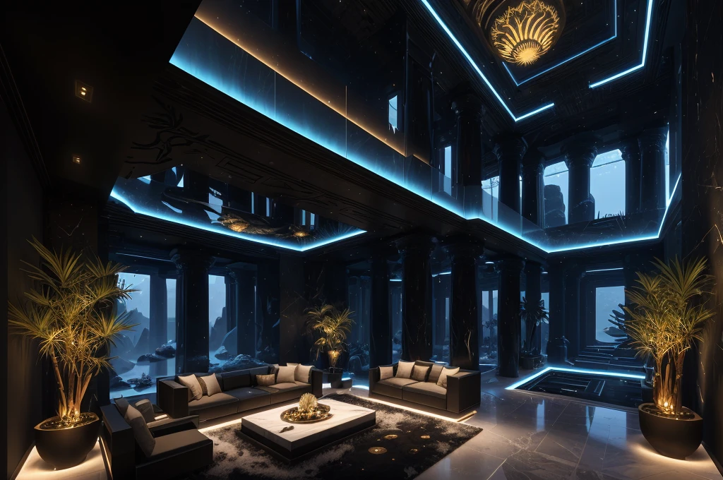 incredible black luxurious futuristic living room interior in Ancient Egyptian style with many lush plants (lotus flowers:1.5, palm trees:1.4, rocky walls, sand:1.5, waterfalls:1.2) marble, precious minerals: 2, metals, gemstones, crystals, clouds and water, crocodiles, hieroglyphics: 1.5, ultra luxury:2, black marble – with beautiful lights:1.5, Unreal Engine, HQ, 16k