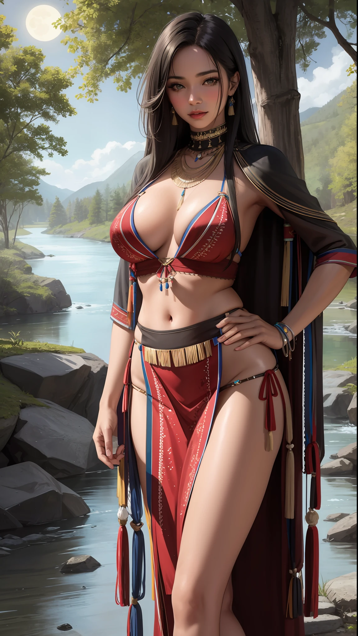 best quality, masterpiece, high detail, realistic, highest resolution, mature, dark skin, usa, native american woman 1, dance, deep forest, ancient tribal costume mixed with lingerie, by the river. ,sexy face, seductive posture, masturbating face, night time, very dark, moonlight