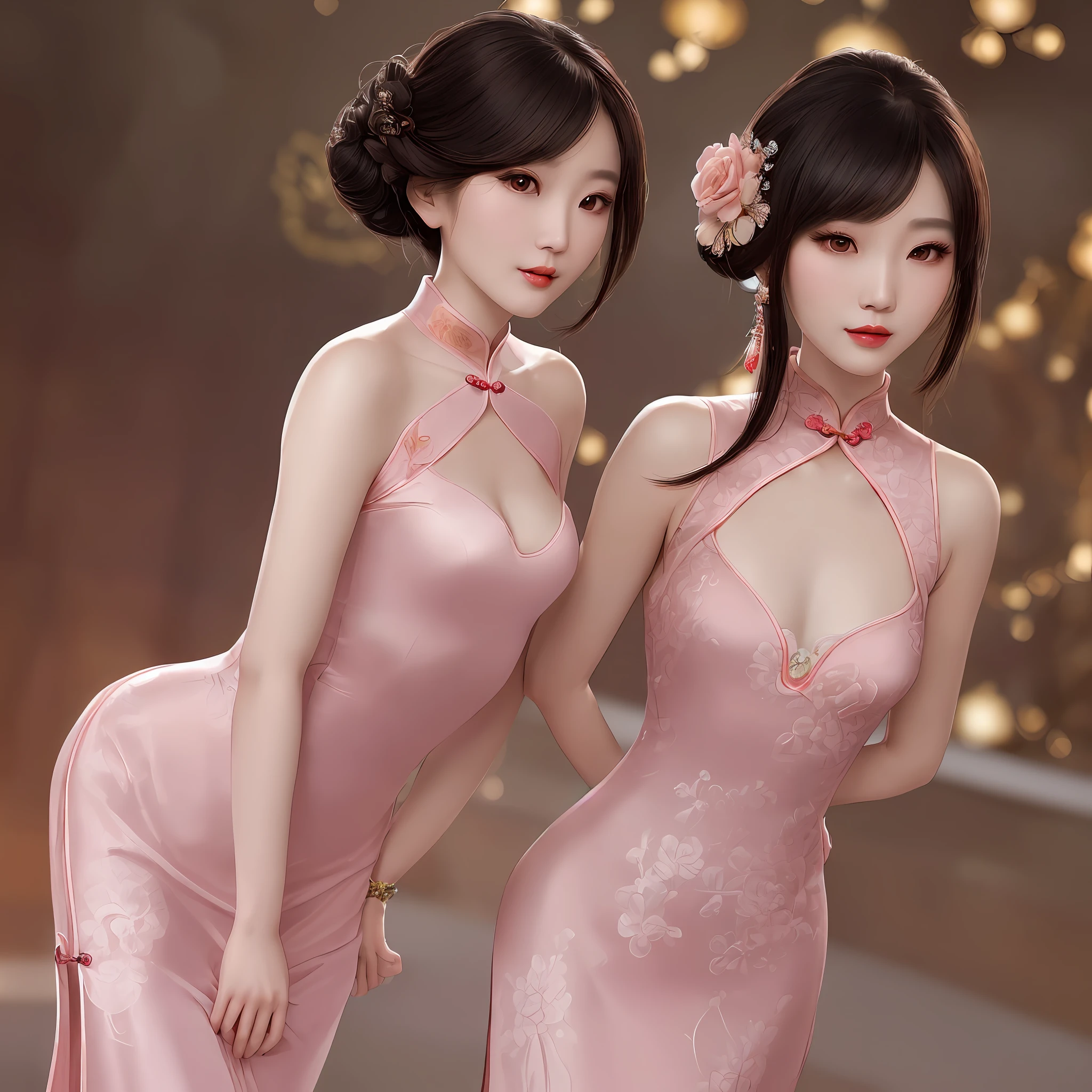 A gentle and beautiful Chinese woman, (full body photo), (super exquisite and gorgeous low-cut cheongsam), exquisite and sexy clavicle, charming oval face, double eyelids, smart peach eyes, pink lips, small nose, bare shoulders , focusing on the face, close-up of the face, ultra-high-definition, super details, elegant standing posture