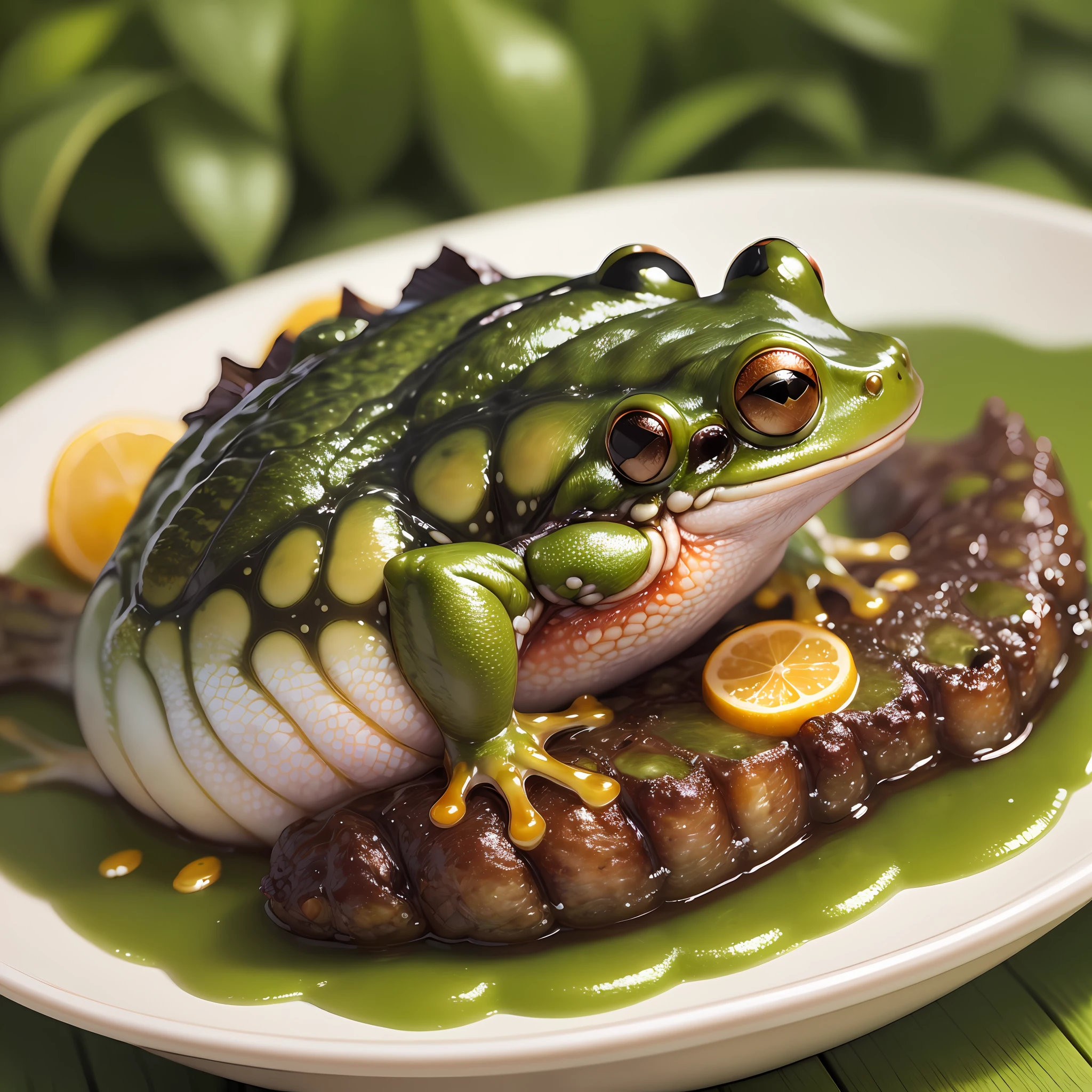 (high image quality, pursuing extreme details), gourmet food, (beautiful frog: 1.2)|(beautiful fish head), clear picture quality, high color saturation, exquisite details, excellent symbol performance --v 6