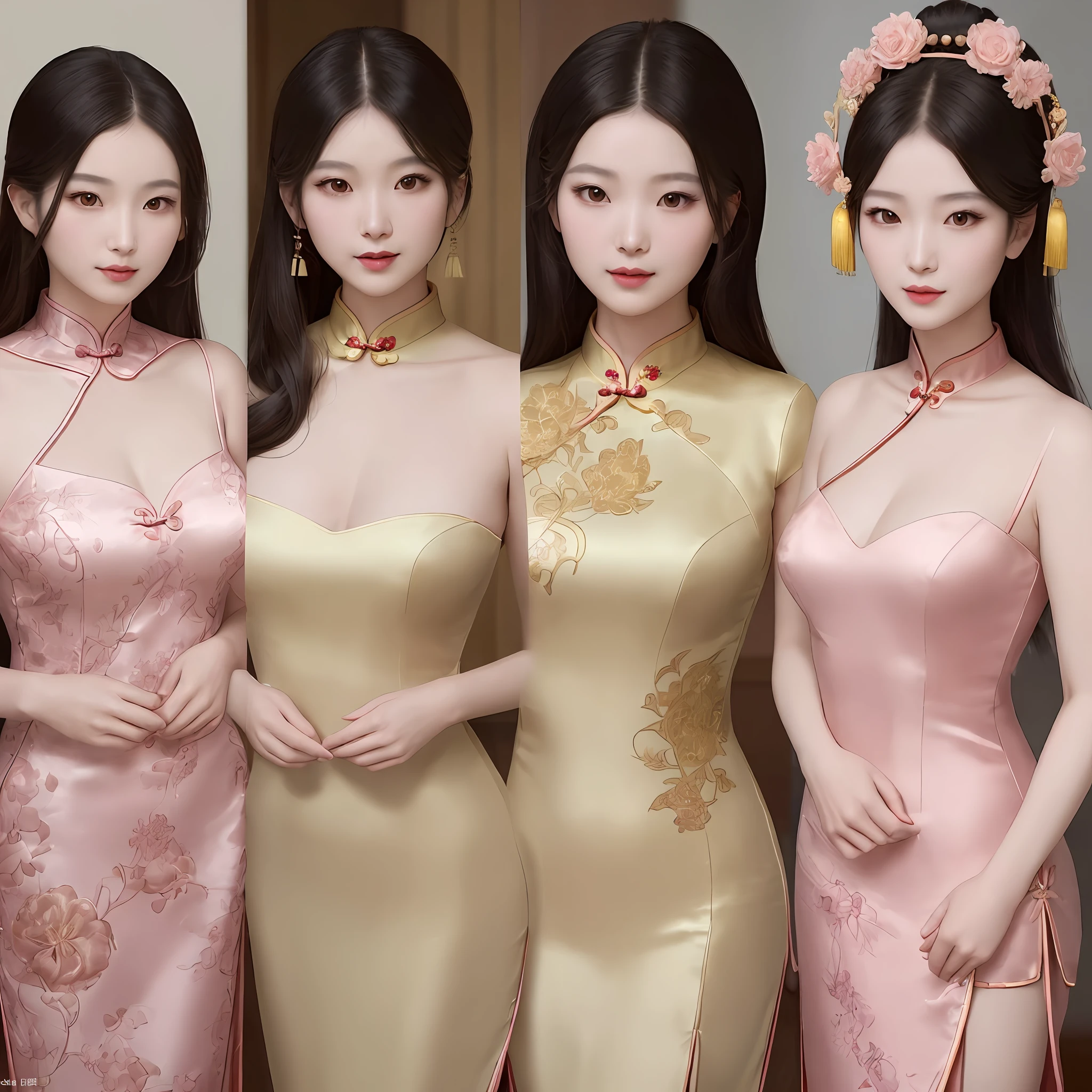A gentle and beautiful Chinese woman, (full body photo), (super exquisite and gorgeous low-cut cheongsam), exquisite and sexy collarbone, charming oval face, double eyelids, smart peach eyes, pink lips, small nose, bare shoulders , focus on the face, close-up of the face, ultra-high definition, super details, plump figure, perfect golden ratio figure, elegant standing posture, (focus on the face)