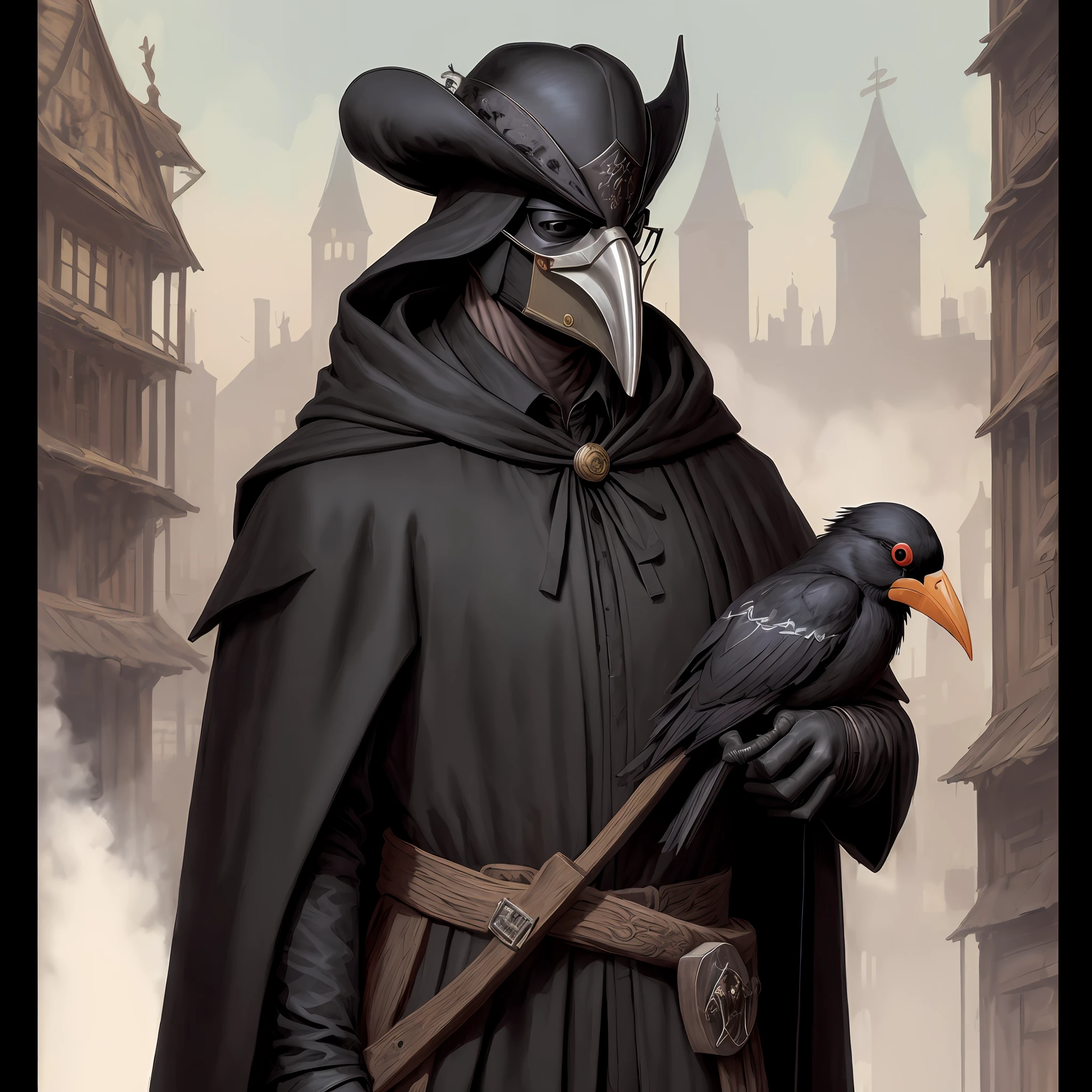 (masterpiece, best illustration,) medieval, beak mask, black robe, city background, doctor, masked, one person, clear, fine motor, wearing hat with brim, glasses, can&#39;t see eyes, hands parked crow