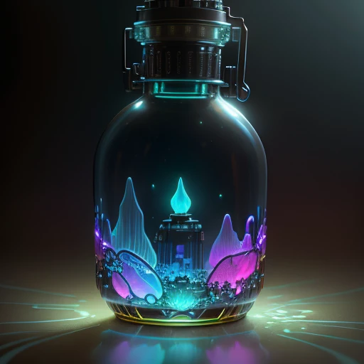 dreamlikeart, bioluminescent fluorescent liquid in a bottle, thick glass, steampunk detail, hazy, chromatic aberration, reflection, crazy detail, intricate detail, hyperdetailed, photorealistic, photo, canon, fantastic, artistic, hyperdetailed photorealistic Doctrine by greg rutkowski