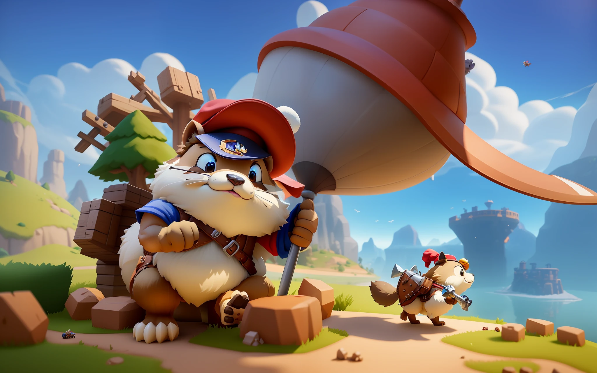 Cartoon illustration of a groundhog wearing a hat, huge hammer, mobile game art, game illustration, stylized game art, 3d icons for mobile games, official artwork, game art, detailed game art, mobile game assets, Game icons stylized, flying airship, detailed game art illustration, snail vs knight, official splash art, official art