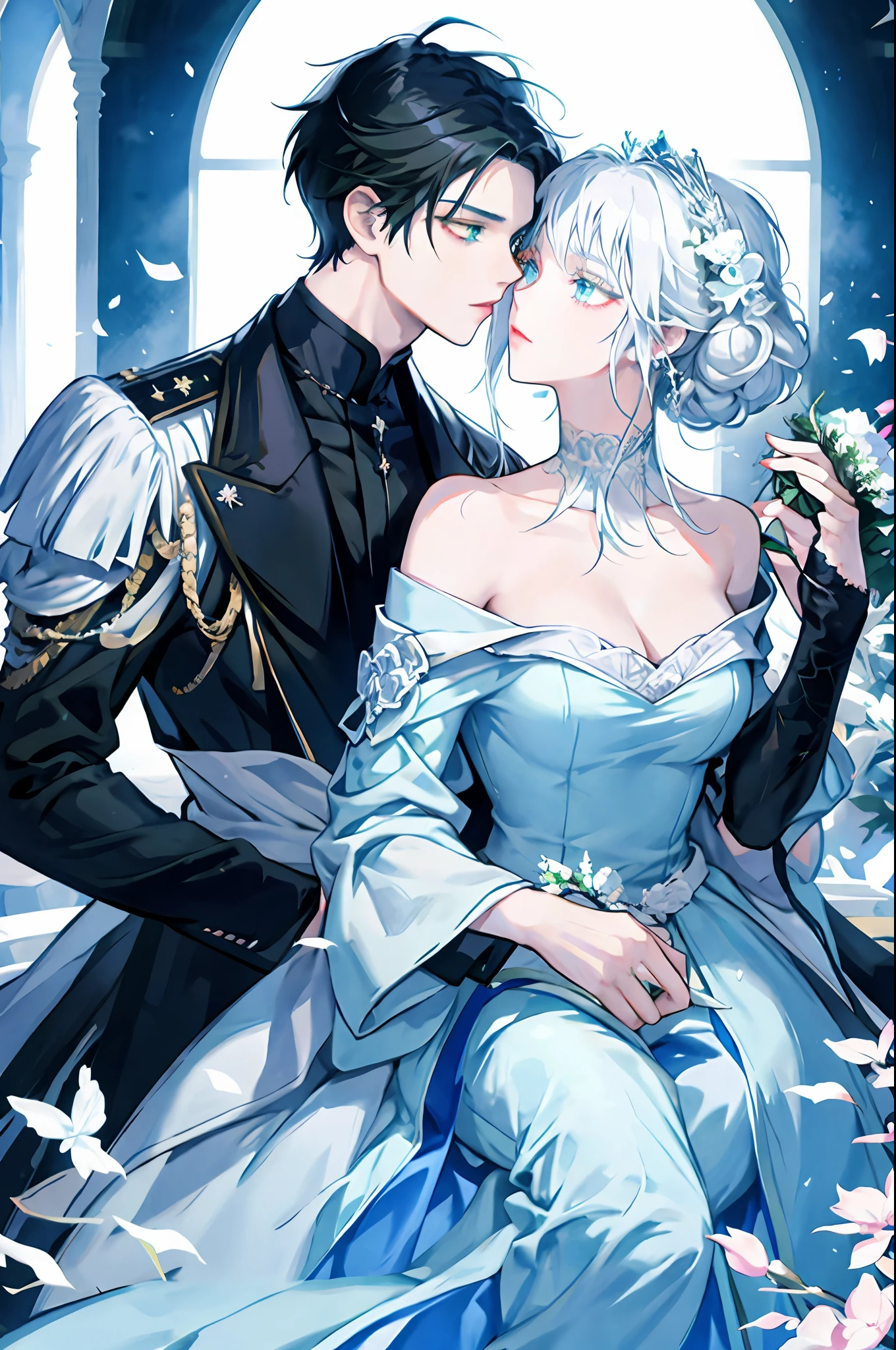 Anime couple, wedding, man with black hair and green eyes, woman with white hair and light blue eyes, royalty, nobility, princess, elegant, kiss, bouquet of flowers, high quality, highly detailed