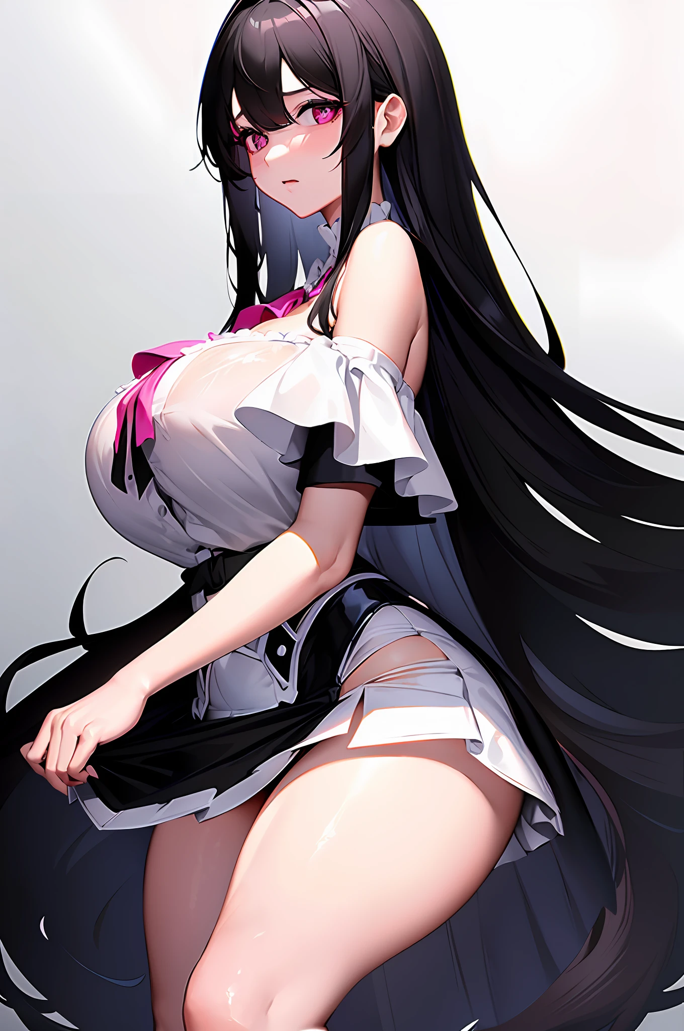 (((extremely detailed))),best quality,beautiful,(1girl),(long black hair,disheveled+big eyes+dreamy expression),(blouse,off shoulder:white+skirt:white:0.8|pink),(thick thighs:1.2+large breasts:1.2),white panties,provocative pose,dynamic angle,high saturation,glossy.