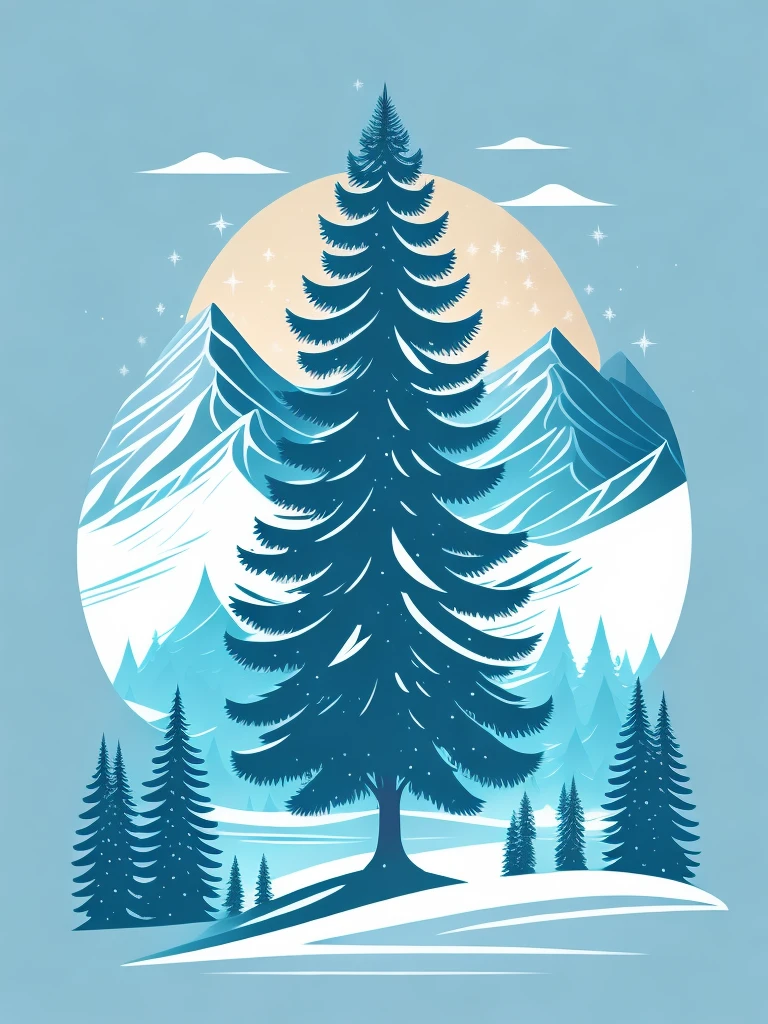 A spruce tree in a winter landscape, t-shirt design, rzminjourney, vector art - v6