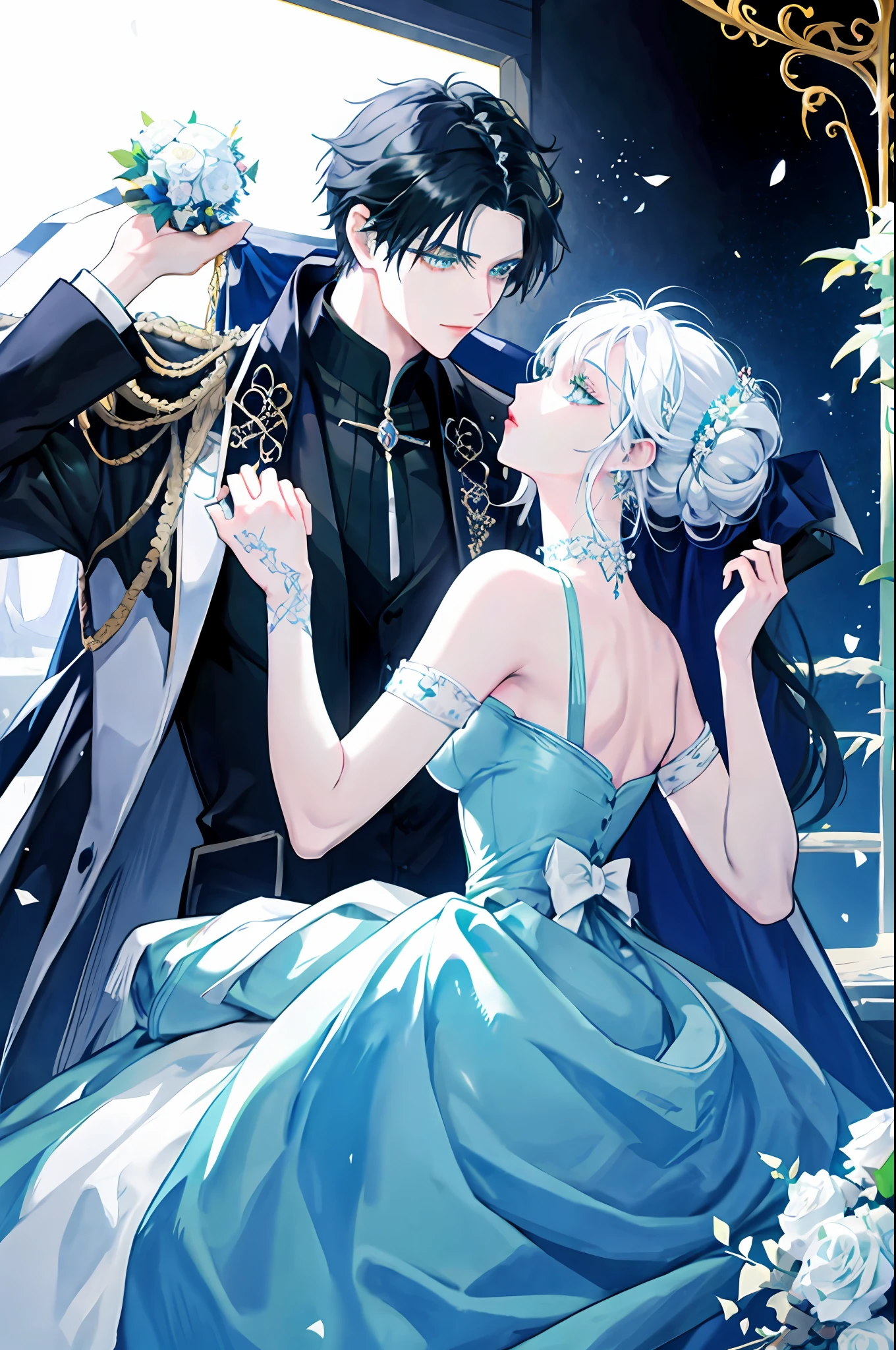 Anime couple, wedding, man with black hair and green eyes, woman with white hair and light blue eyes, royalty, nobility, princess, elegant, kiss, bouquet of flowers, high quality, highly detailed