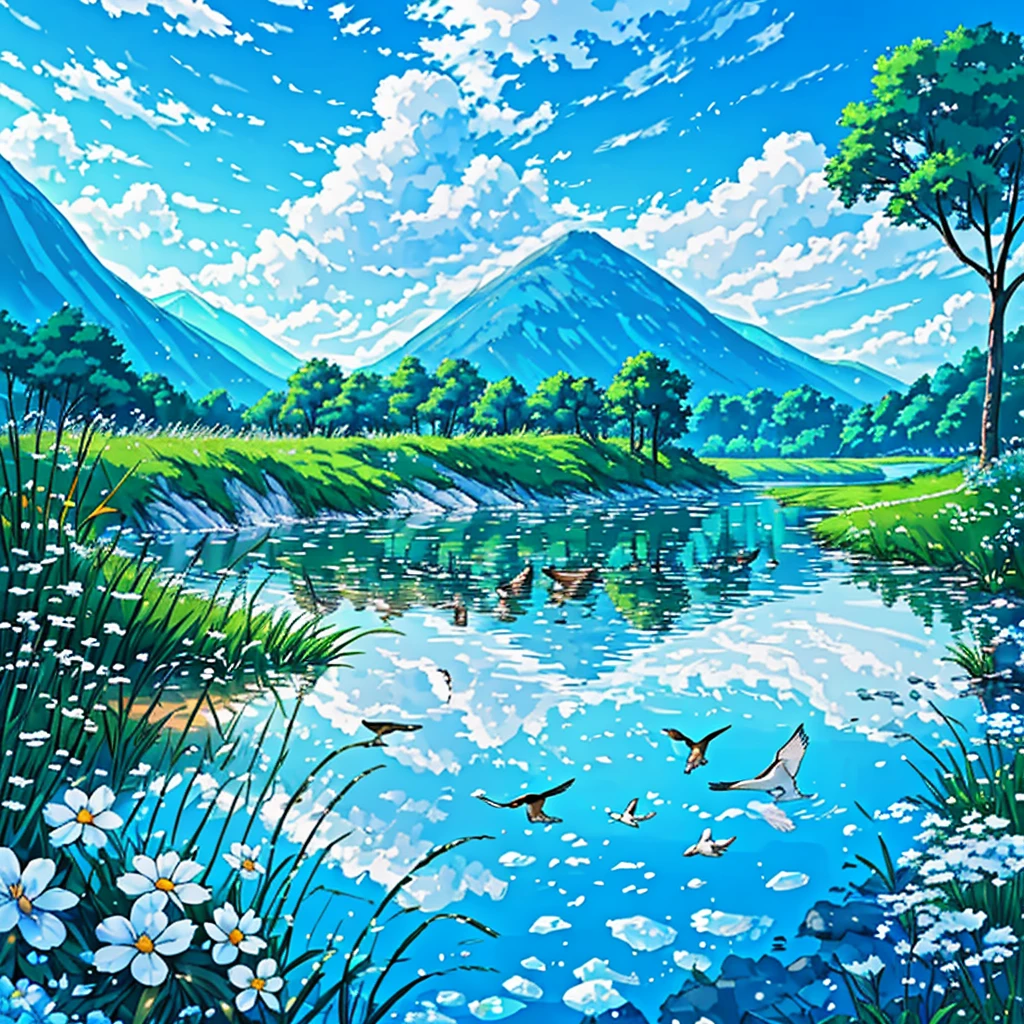 The blue sky and white clouds, the fresh air, the crystal clear river, the green grass, the deer are graceful and comfortable, the birds are singing cheerfully, the rabbits are playing, and the fish are swimming freely in the water.