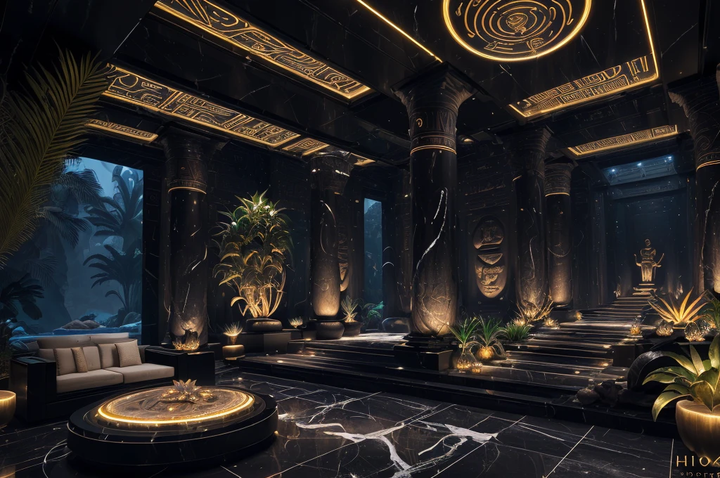 incredible black luxurious futuristic interior in Ancient Egyptian style with many ((lush plants)) (lotus flowers), ((palm trees)), rocky walls, (sand), (waterfalls) (marble), ((precious minerals)), ((metals)), (gemstones), crystals, clouds and (water), crocodiles, ((hieroglyphics)), (((ultra luxury))), (black marble) – with ((beautiful lights)), Unreal Engine, HQ, 16k