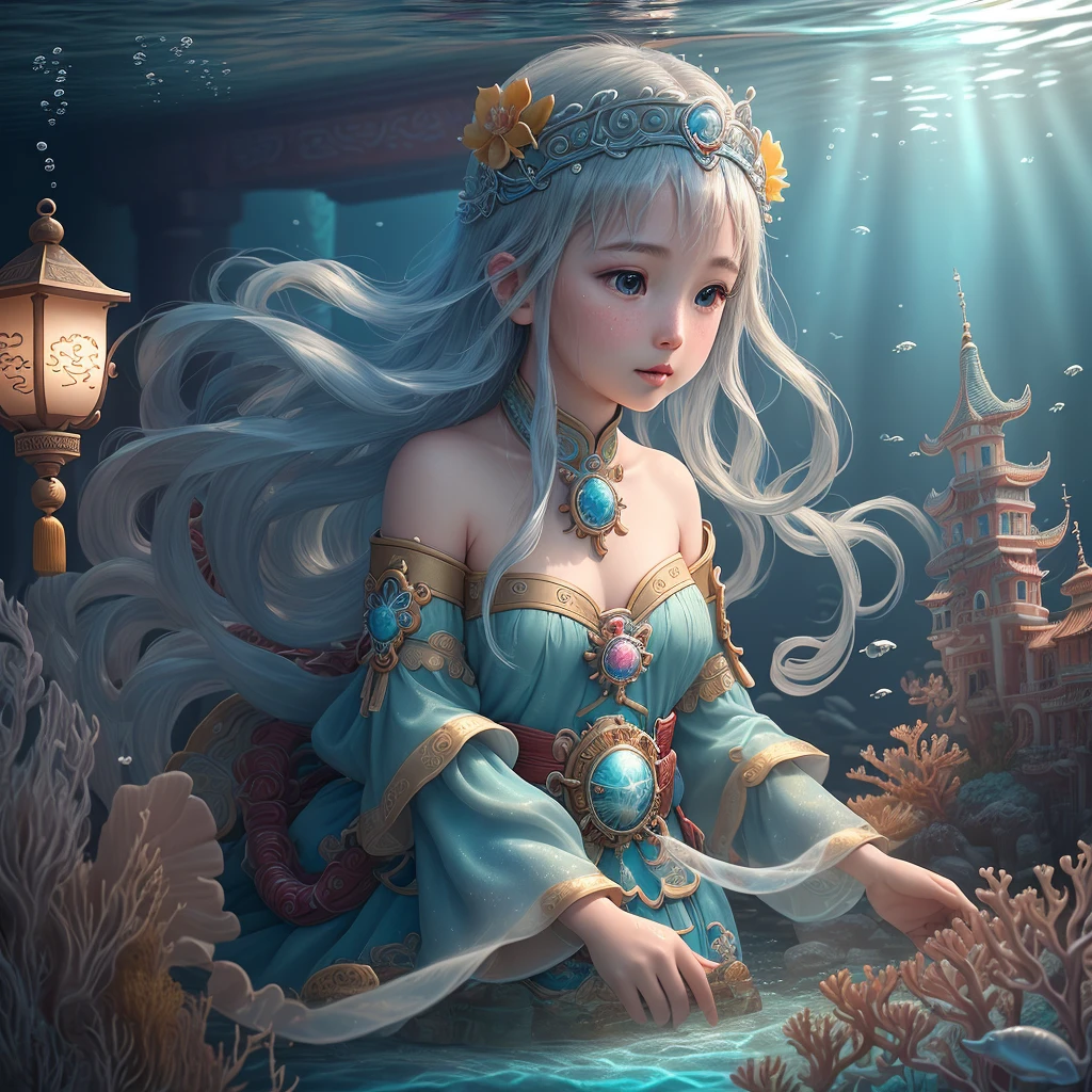 (Underwater Water World), there is a picture of an underwater scene with a castle, an underwater city, an underwater temple, (the little girl rides a whale and swims from a distance), corals, sea turtles, jellyfish, many colorful sea fish , Underwater City, Underwater Temple, Underwater Temple and Fish, Masterpiece Underwater Scene, Underwater Temple Scene, Lost City of Atlantis, Underwater Environment, Underwater Environment, Ancient Chinese Palace,, Master Works , best quality, higher quality, high detail, super high resolution, depth of field, telephoto lens, glowing skin, abstract background, girl, beautiful girl, single person, long hair, sea, liquid background, colorful bubbles, Dreamy, Cinematic Lighting, Atmospheric Lighting, Natural Light Masterpiece, Best Quality, High Quality, Extremely Detailed CG Unity 8k Wallpaper, Oil Painting, Award Winning Photography, (Vision), Depth of Field, OC, Glow, Chromatic Aberration, Photorealism, Very detailed