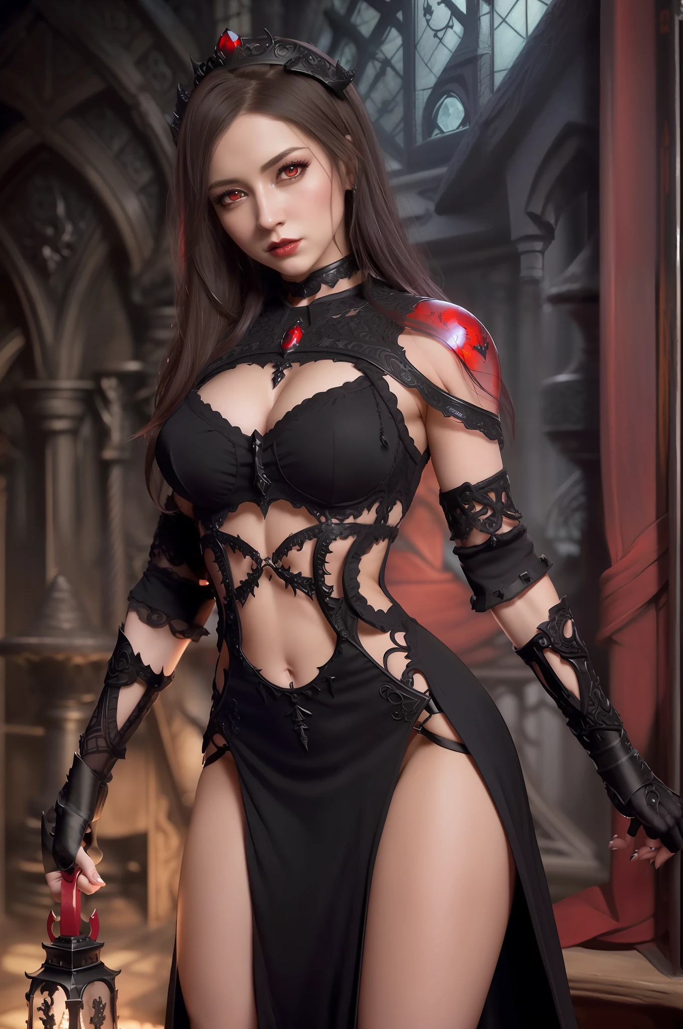 Analog style, ((intricate details)), full torso shot, cold lighting, beautiful, (pale gothic evil princess), (black hair), (intricate), midriff exposed, ((skeletal skimpy onyx dress armor)), (intricate jagged obsidian crown), dynamic pose, windblown hair, perfect face, (realistic eyes), round iris, (((red eyes))), perfect eyes, intricate, complex, swirly bokeh, trending on artstation, sharp focus, studio photo, intricate details, highly detailed, sharp, dnd character portrait, (oil on canvas), perfect lighting, Masterpiece, detailed background, portrait by artgerm and greg rutkowski, cinematic lighting, 8k