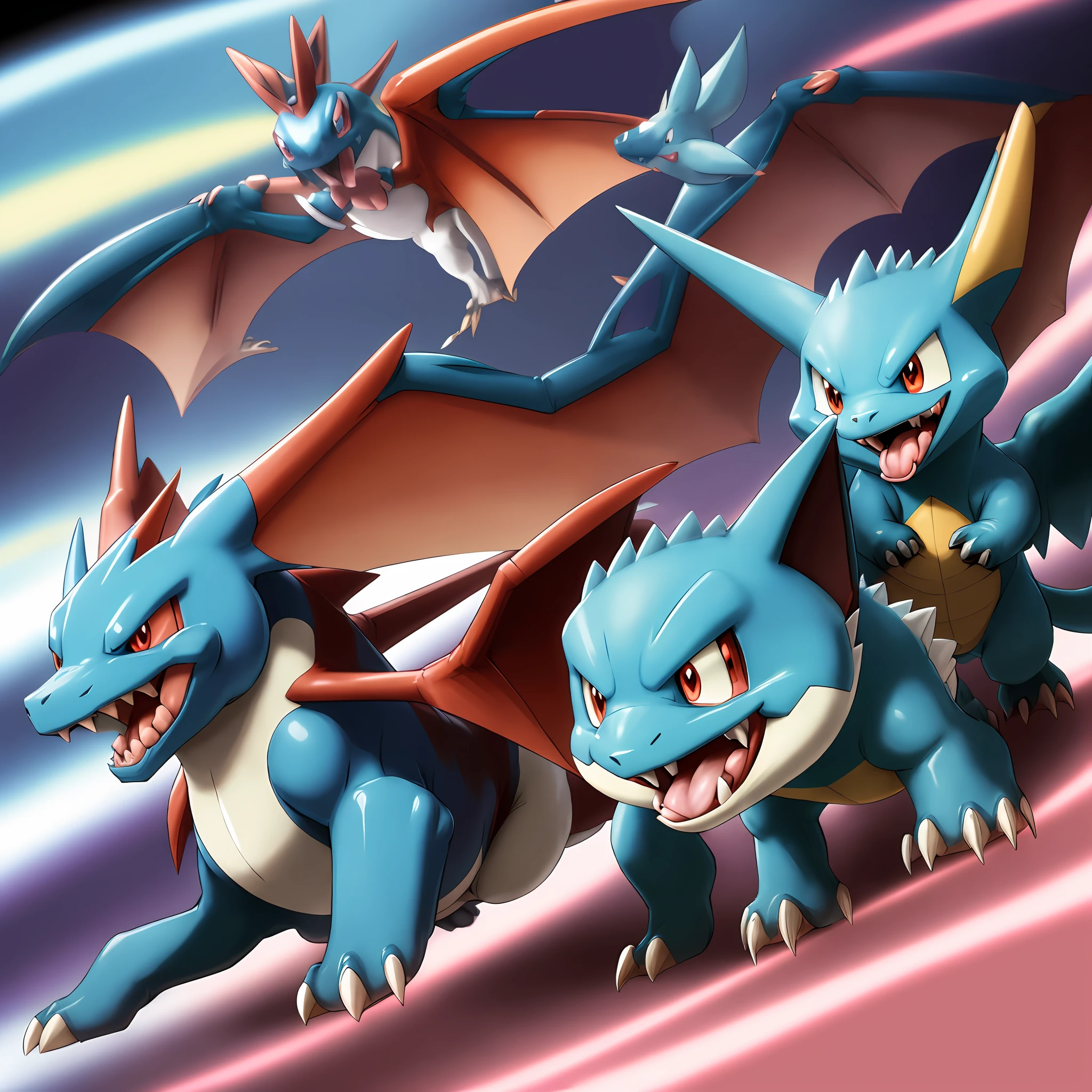 sugimori ken \(style\), pokemon \(creature\), , salamence, charizard mega X, open mouth, simple background, full body, wings, teeth, tongue, no humans, fangs, claws