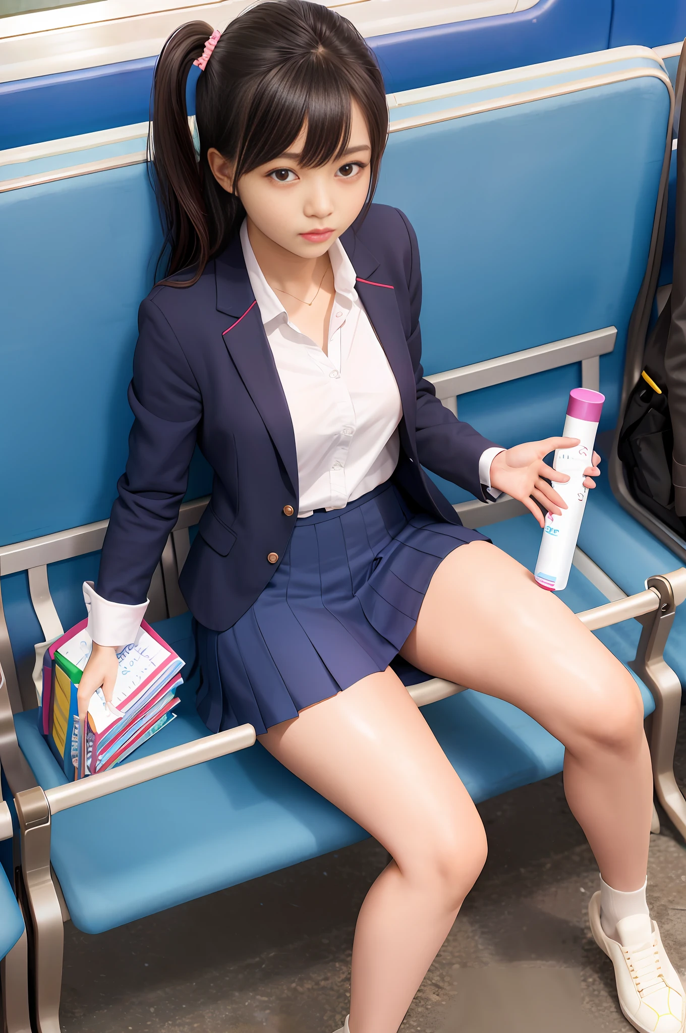 arafed asian woman in a school uniform sitting on a train, cute schoolgirl, sat down in train aile, a hyperrealistic schoolgirl, hyperrealistic schoolgirl, realistic young gravure idol, japanese girl school uniform, wearing japanese school uniform, japanese school uniform, realistic schoolgirl, girl wearing uniform, young gravure idol, young pretty gravure idol, glowing skin, glowing thighs, glowing legs
