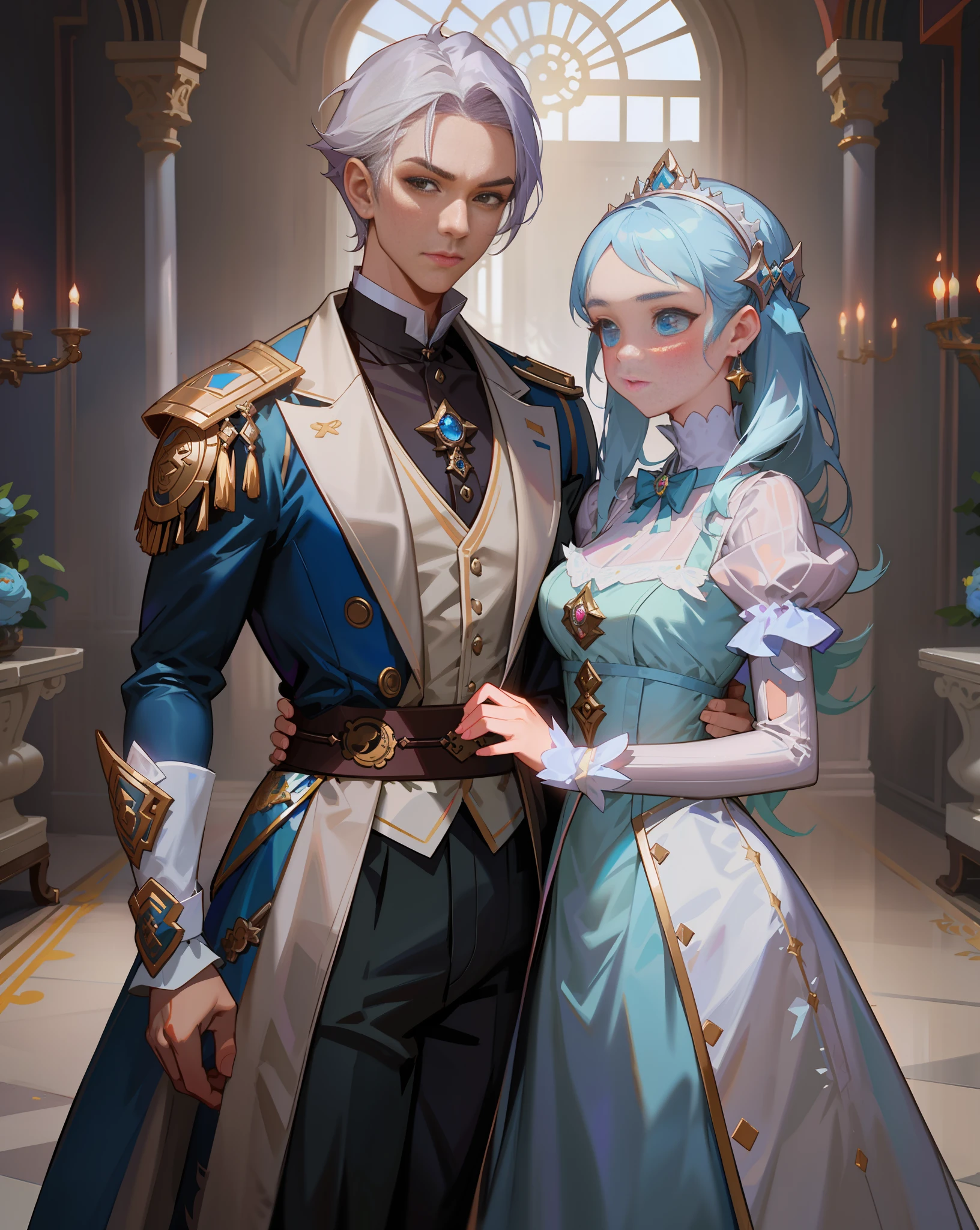 there are two people dressed in victorian clothes posing for a photo, loish and ross tran, wlop and ross tran, wlop and sakimichan, ross tran and bayard wu, guweiz style artwork, ruan jia and artgerm, ross tran and artgerm, ross tran and wlop, silver haired man, silver haired woman, prince man, princess woman, anime, illustration, Digital Art, woman in white victorian dress with light blue details,