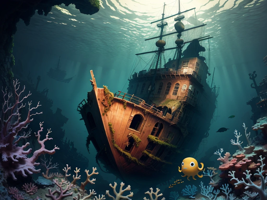 (a shipwreck) under the sea, (coral reefs, moss, undersea life), an octopus, a crab, (sunken treasures)