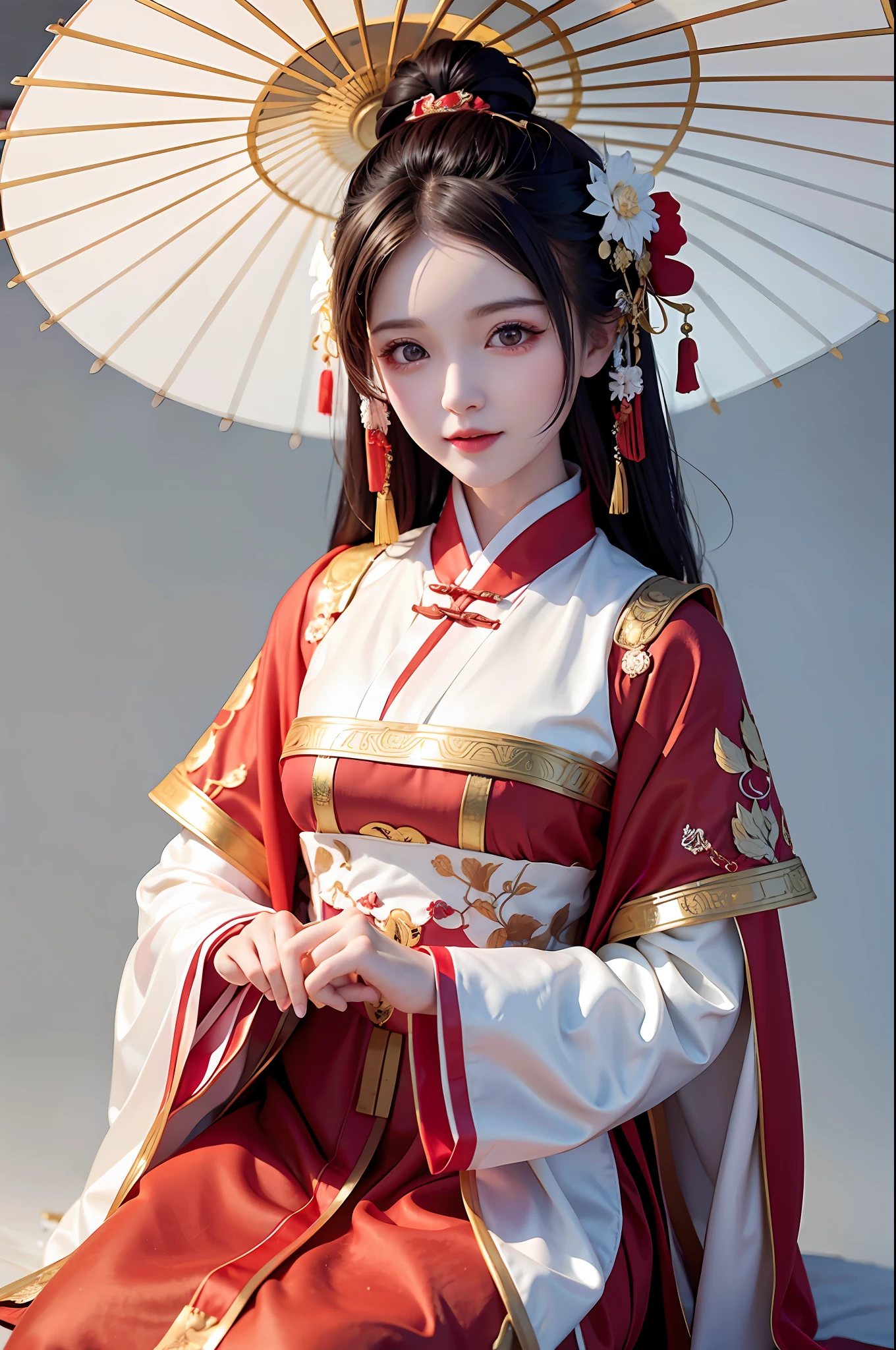 Chinese woman in red dress and white umbrella, delicate and charming face, Hanfu, palace, girl in Hanfu, ancient Chinese clothes, white Hanfu, Chinese traditional dress, ancient Chinese clothes, Chinese clothes, luxurious silk Cape, ancient Chinese princess in a lady's attire, gilded red robe, red flower pattern kimono