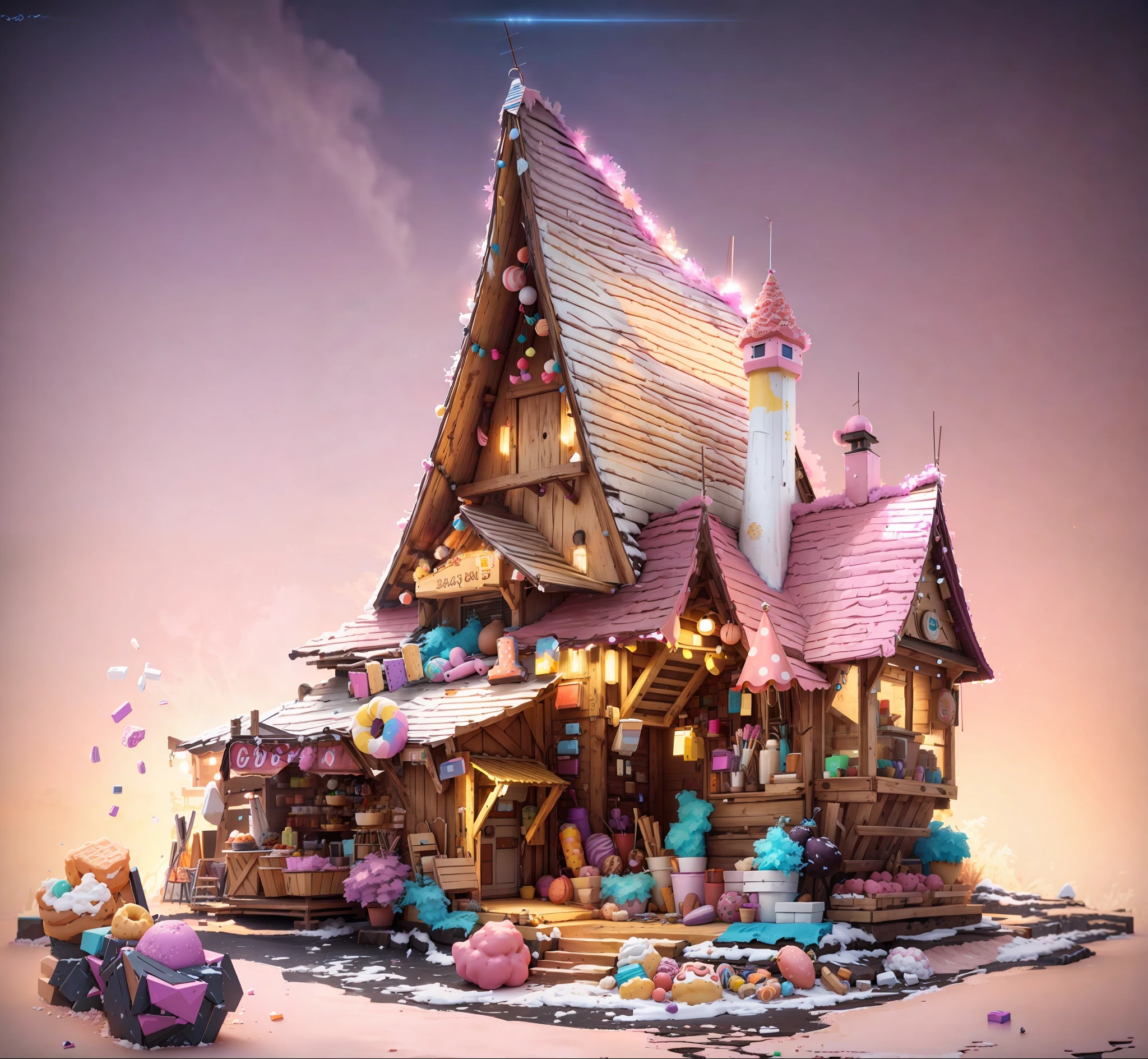 Donuts, ice cream, colorful candy decorations, cream, chocolate walls, biscuits, various dessert cartoon huts, 3D rendering, blender rendering, 8k, movie lighting, super high resolution, game asset masterpiece, best quality, toon, pixar style,simple design,mini sence,animal crossing,1building,3d,clean,Eggplant and Coral,--v6