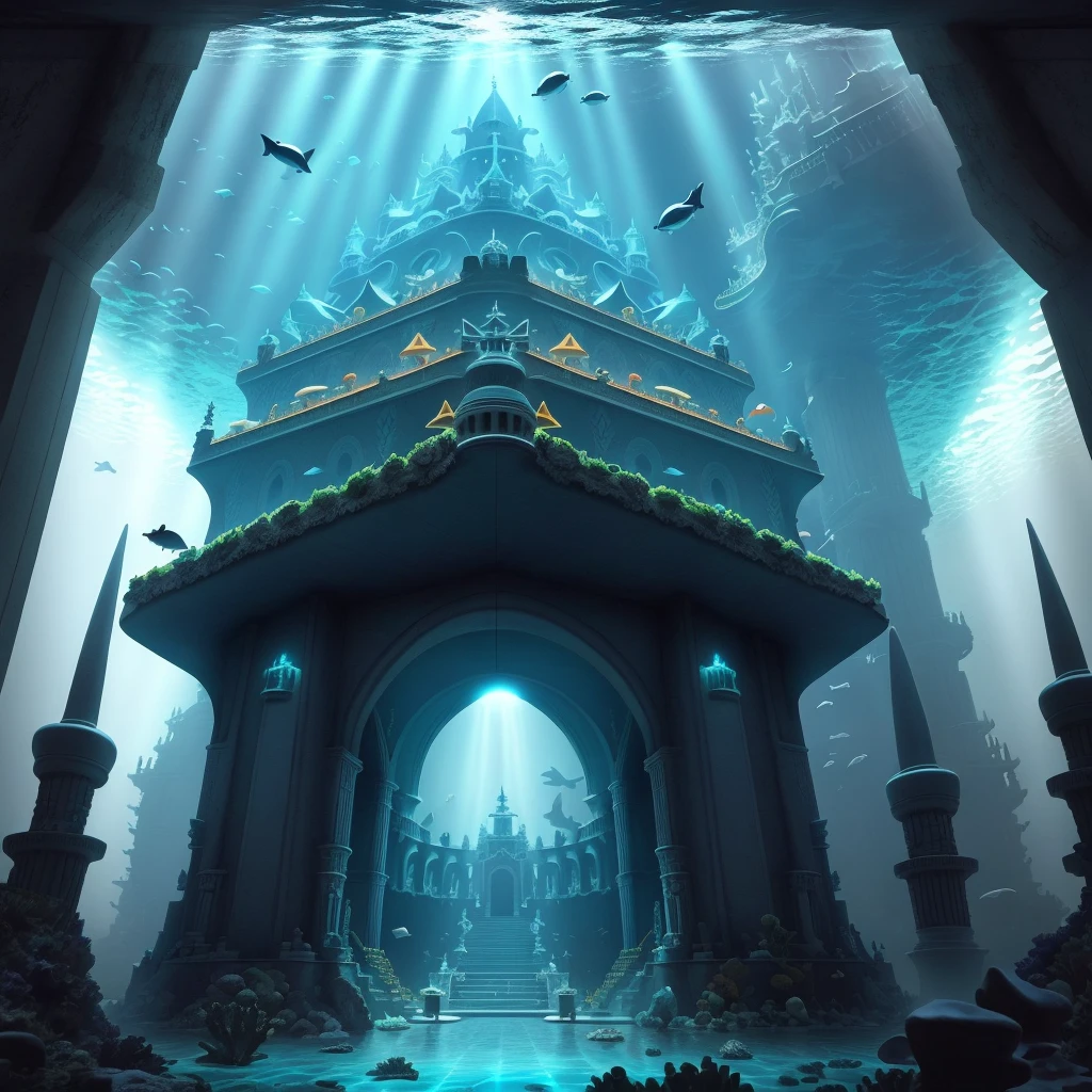 (Undersea), underwater castle, underwater temple, underwater statue, Atlantis background, broken ship on the bottom of the sea close in sight, a beam of sunlight, killer whale, sea snake, turtle, manta ray, electric ray, coral , halo, chromatic aberration, realism
