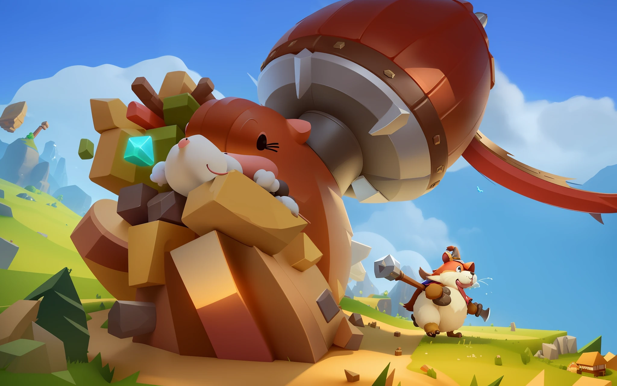 Cartoon illustration of a groundhog with hat and big nose mustache, huge hammer, mobile game art, game illustration, stylized game art, 3d icon for mobile game, official artwork, game art, detailed game art, mobile Game Assets, Stylized Game Icons, Flying Zeppelin, Detailed Game Art Illustrations, Snail vs Knight, Official Splash Art, Official Art