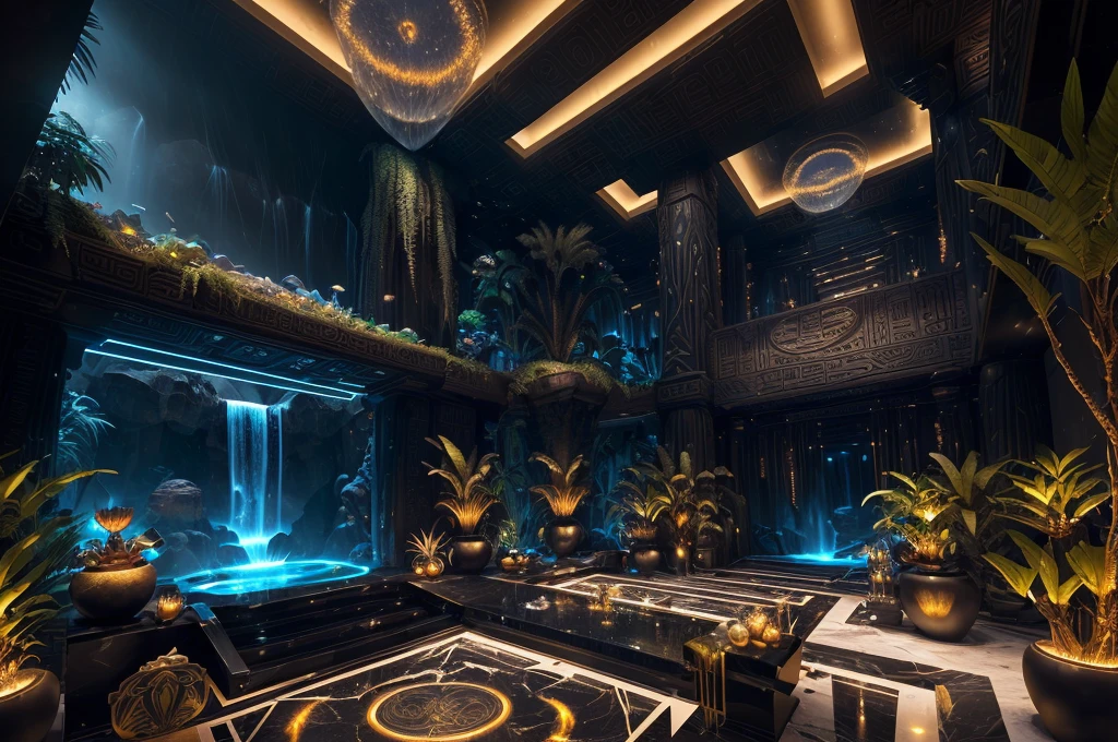 incredible black luxurious futuristic interior in Ancient Egyptian style with many (((lush plants))) (lotus flowers), ((palm trees)), rocky walls, ((sand)), ((waterfalls)) (marble), ((precious minerals)), ((metals)), (gemstones), crystals, clouds and (water), crocodiles, (hieroglyphics), (((ultra luxury))), (black marble) – with ((beautiful lights)), Unreal Engine, HQ, 16k