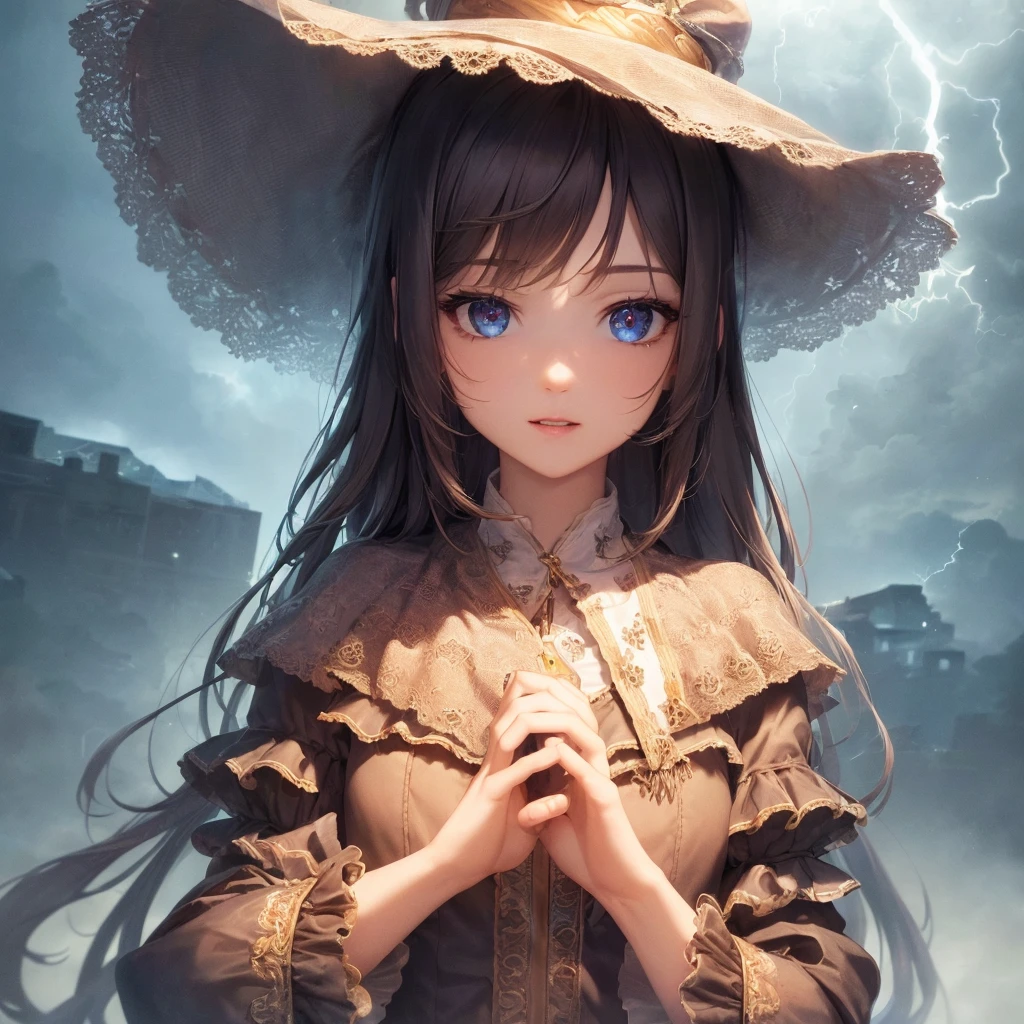 (masterpiece, best quality, high resolution, unity 8k wallpaper, extremely detailed CG:1.2), (illustration:1.0), beautiful detailed eyes, extremely detailed face, perfect lighting,  (perfect hands,perfect anatomy),1girl, solo, big hat, shawl, lightning in sky