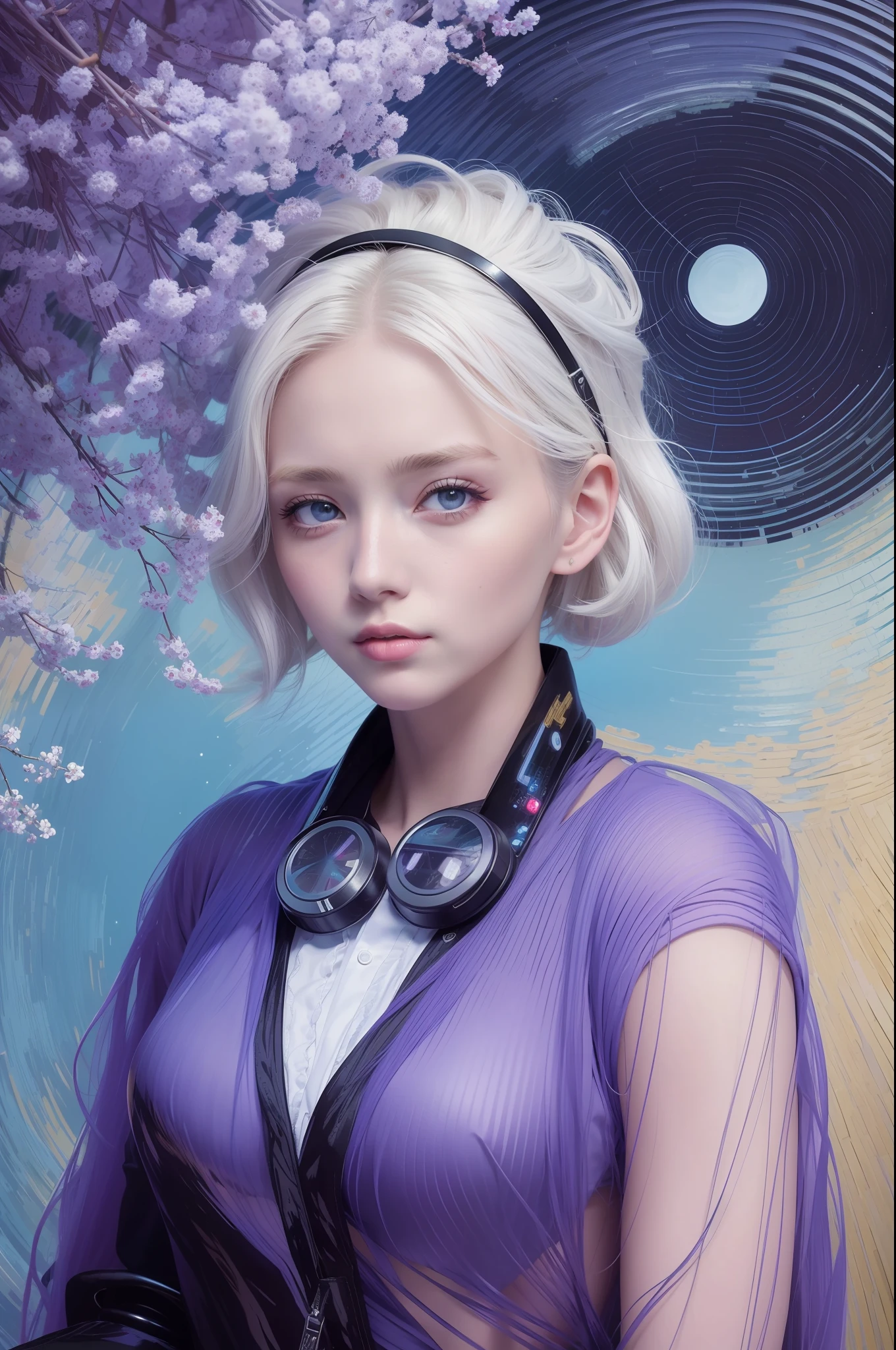 masterpiece, best quality, 4k, UHD, mishoujo, painting, beautiful eyes and detailed face, illustration, beautiful detail, high resolution illustration, glowing_white_particles, 1girl, white hair, lilac eyes, on one eye hair, short side tail, baseball cap, deadpan, curtains, black jacket, chest gear, cyberpunk, tech outfit, (Impressionist: 1.4), Vincent van Gogh --v 6