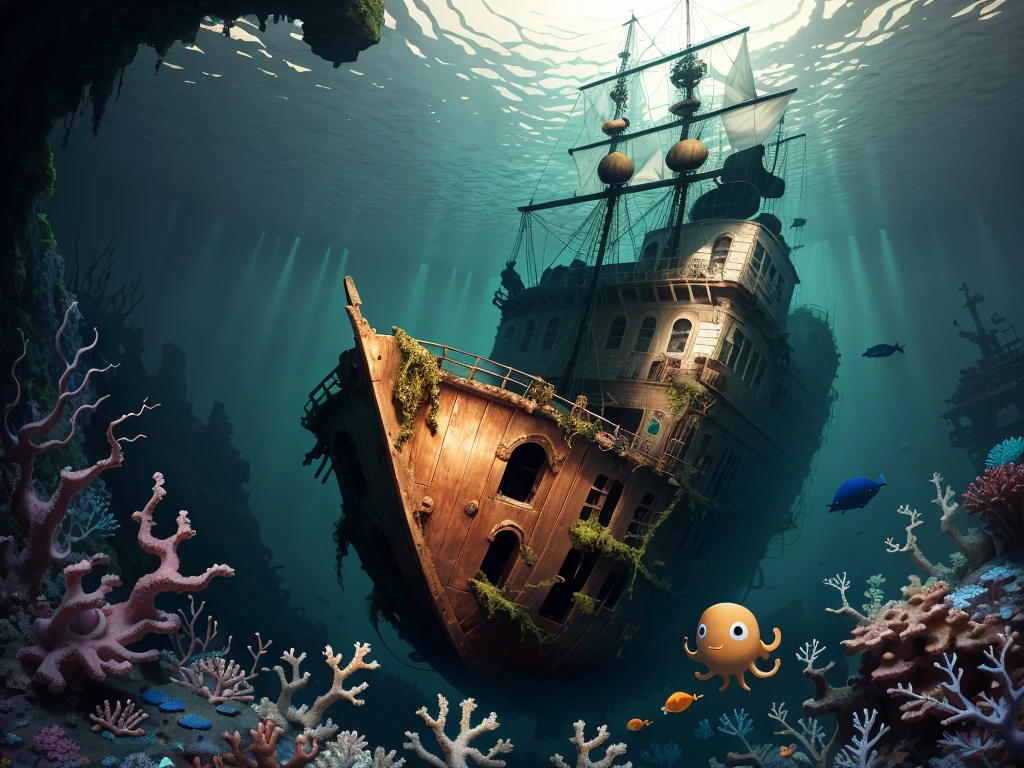 (a shipwreck) under the sea, (coral reefs, moss, undersea life), an octopus, a crab, (sunken treasures)
