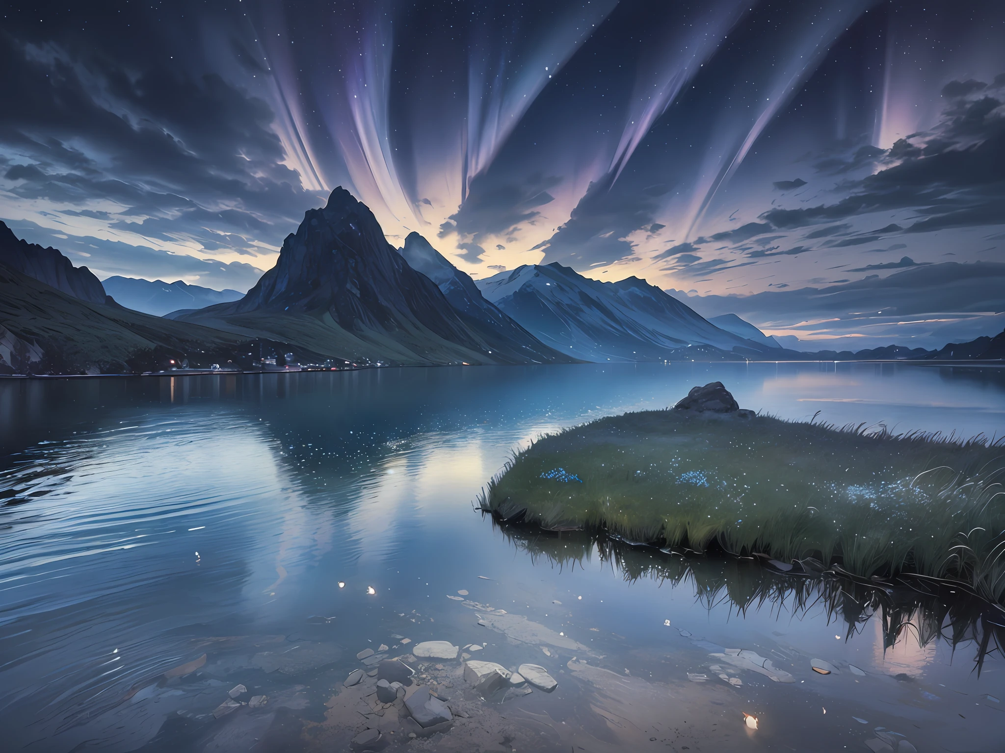 (masterpiece, best quality:1.2), (masterpiece, best quality:1.2), Epic CG matte painting, wide view, arctic, (dark and blue aurora), mountains, lakes, (dark and blue water), clouds, light effects, Zeen Chin, HD photos, Unreal Engine, art workstation, beautiful scenery, realistic lighting, masterpiece, high quality, beautiful graphics, high detail, ultra detailed, cinematic lighting, HDR, ilustration,--v6