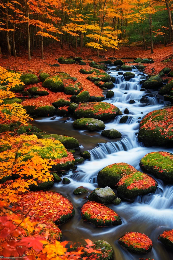 Masterpiece, best quality, high quality, highly detailed CG unity 8k wallpaper, textured landscape, lots of leaves and fall colors on the ground, award winning photography, bokeh, depth of field, HDR, bloom, chromatic aberration, photorealistic, highly detailed, trending on artstation, trending on CGsociety, intricate, high detail, dramatic, midjourney art