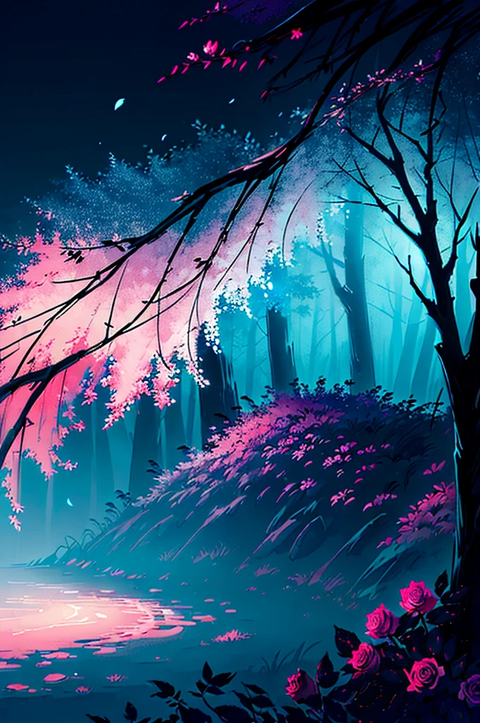 (((night, darkness, nocturnal, dark))), no humans, no sky, nature, scenery, tree, tall trees, tree branches, forest, night, outdoors, flower, petals, plant, cross, ((blue fog, fog, atmospheric effect)), roses, pink roses, glowing, ((glowing roses)), creepy atmosphere