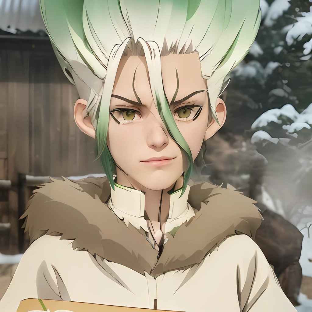 Anime character with green and white hair holding a sign, silver-haired maniac, Komaeda Nagito, white-haired fox, mischievous smirk, he has dark gray hair, today's featured anime stills, white hair, white fox anime, west Suo's portrait hunter hunter, white hair like clouds, white hair deity, (Perfect picture quality, good work, high-definition finished product, clear and vivid), best quality, masterpiece,