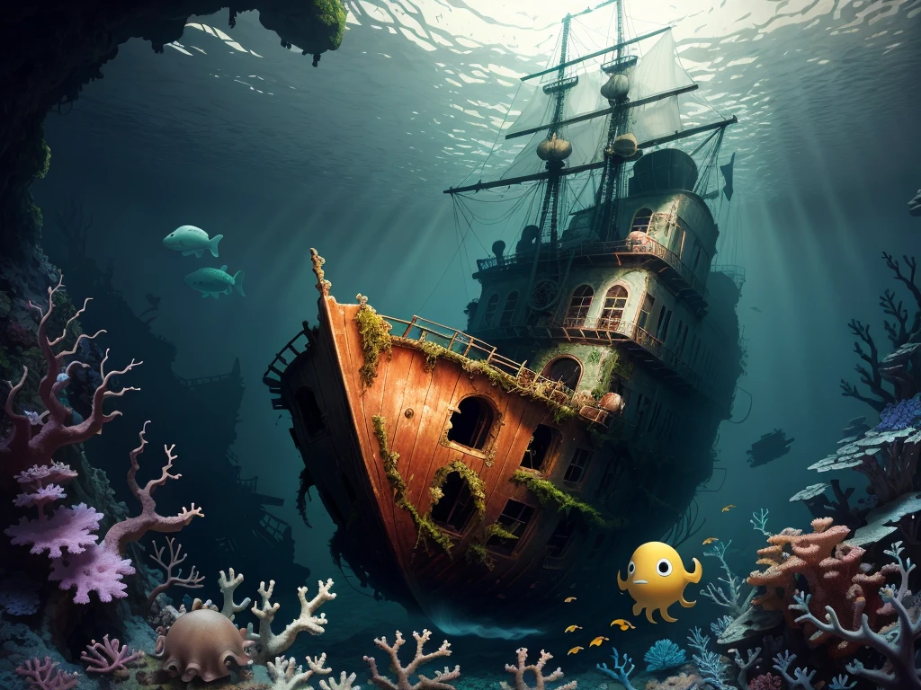 (a shipwreck) under the sea, (coral reefs, moss, undersea life), an octopus, a crab, (sunken treasures)