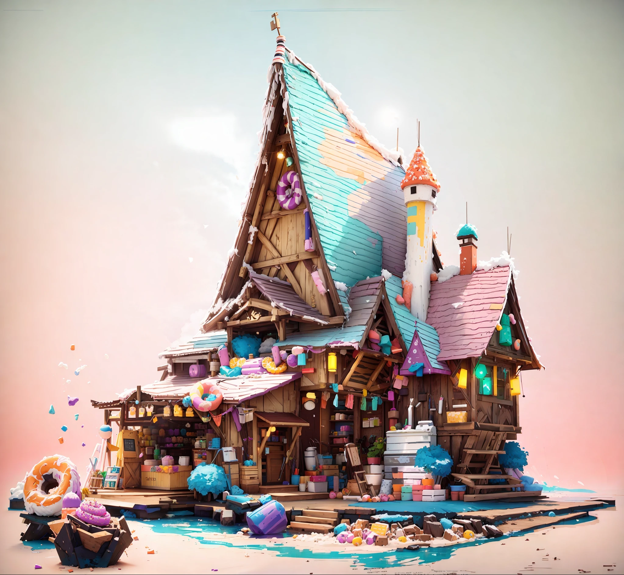 Donuts, ice cream, colorful candy decorations, cream, chocolate walls, biscuits, various dessert cartoon huts, bright colors, 3D rendering, blender rendering, 8k, movie lighting, super high resolution, game asset masterpiece, best quality ,toon,pixar style,simple design,mini sense,animal crossing,1building,3d,clean,Eggplant and Coral,--v6