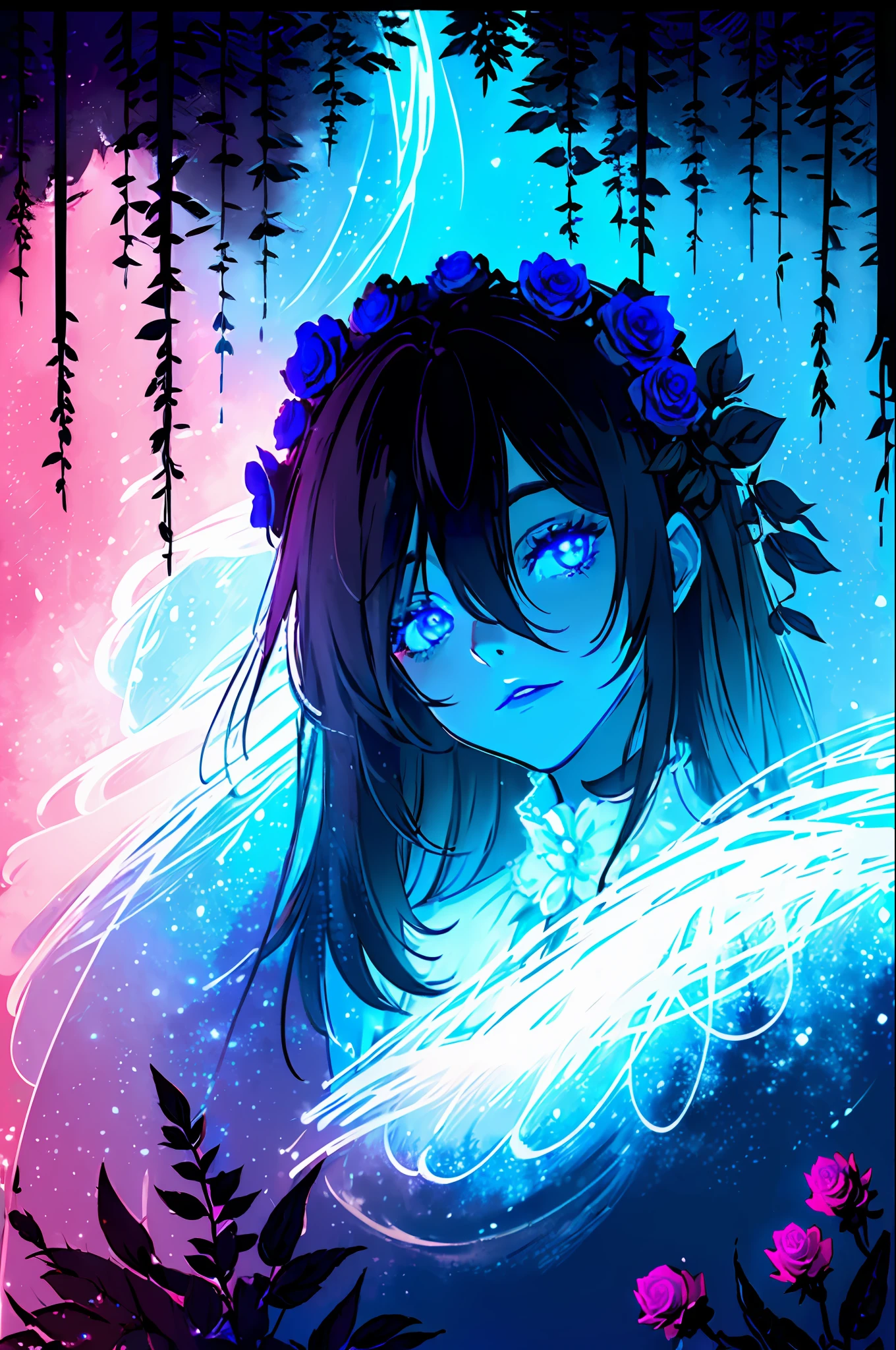 (((night, darkness, nocturnal, dark))), no humans, no sky, nature, scenery, tree, tall trees, tree branches, forest, night, outdoors, flower, petals, plant, cross, ((blue fog, fog, atmospheric effect)), roses, pink roses, glowing, ((glowing roses)), creepy atmosphere