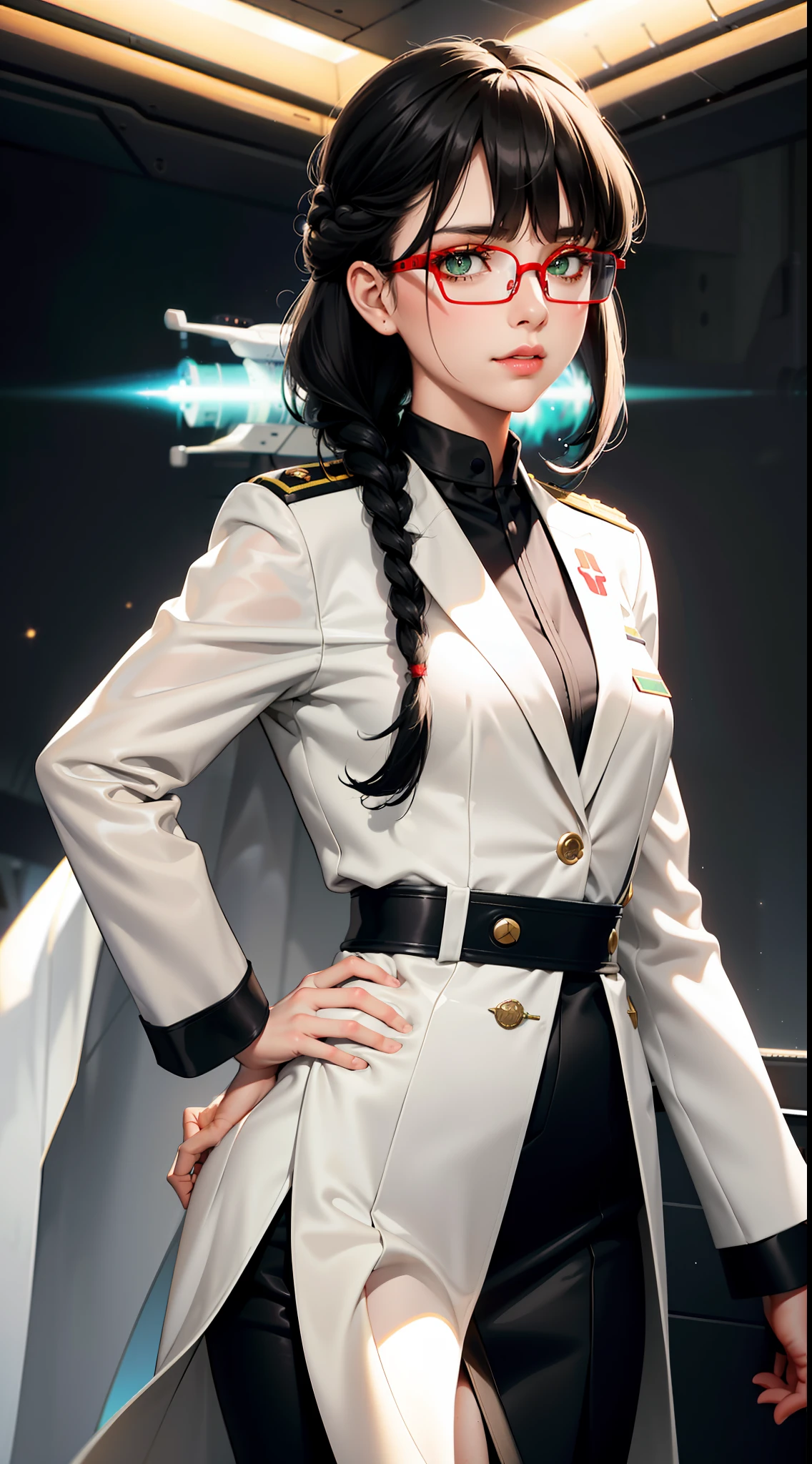 highest resolution,woman,small size,black hair,double braid hairstyle,bang bang,green eyes,red glasses,in formal dress,uniform,white coat,sexy dress,make a dark face, warship, aircraft carrier, futuristic, science fiction, warplane, space, war