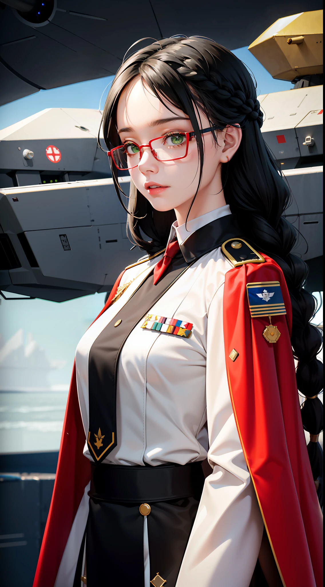 highest resolution,woman,small size,black hair,double braid hairstyle,bang bang,green eyes,red glasses,in formal dress,uniform,white coat,sexy dress,make a dark face, warship, aircraft carrier, futuristic, science fiction, warplane, space, war