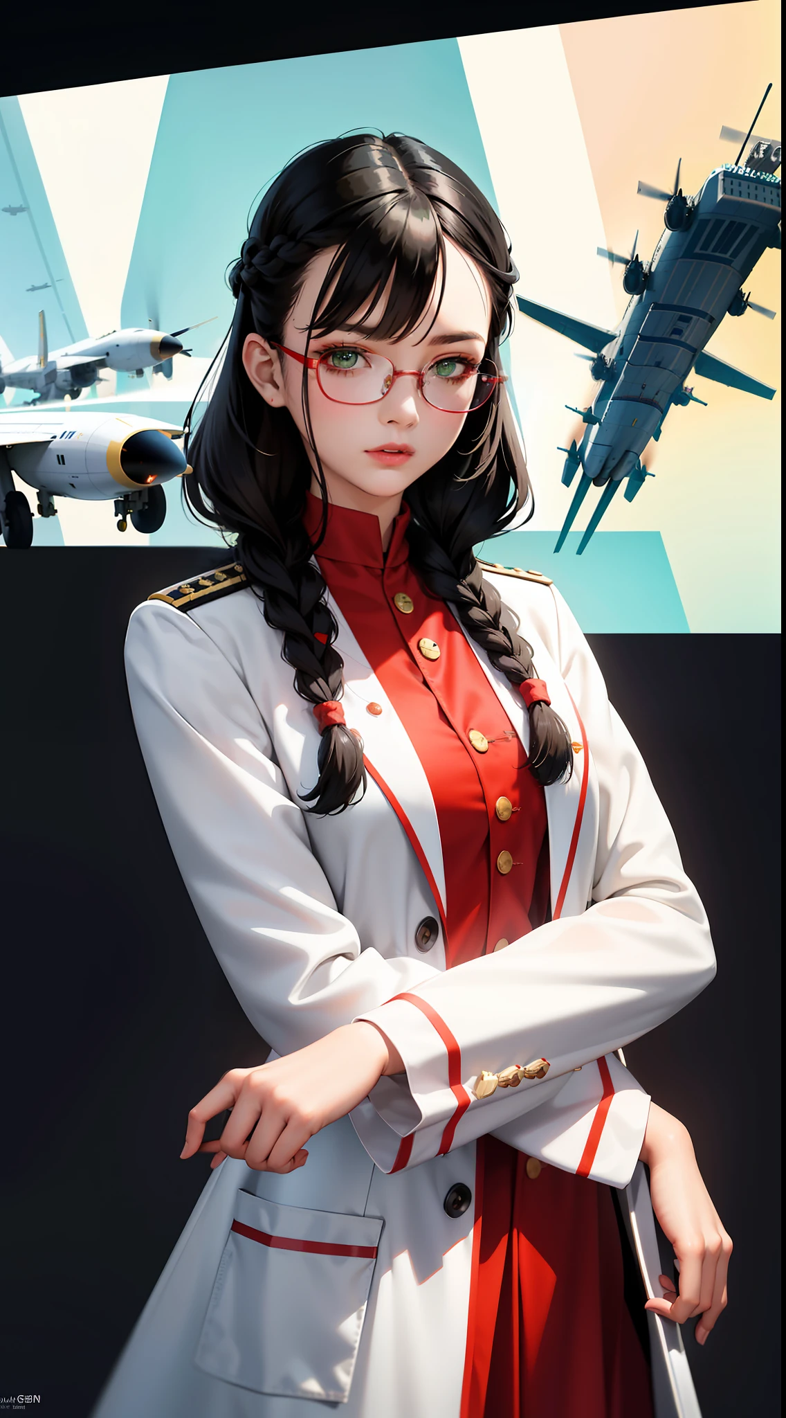 highest resolution,woman,small size,black hair,double braid hairstyle,bang bang,green eyes,red glasses,in formal dress,uniform,white coat,sexy dress,make a dark face, warship, aircraft carrier, futuristic, science fiction, warplane, space, war