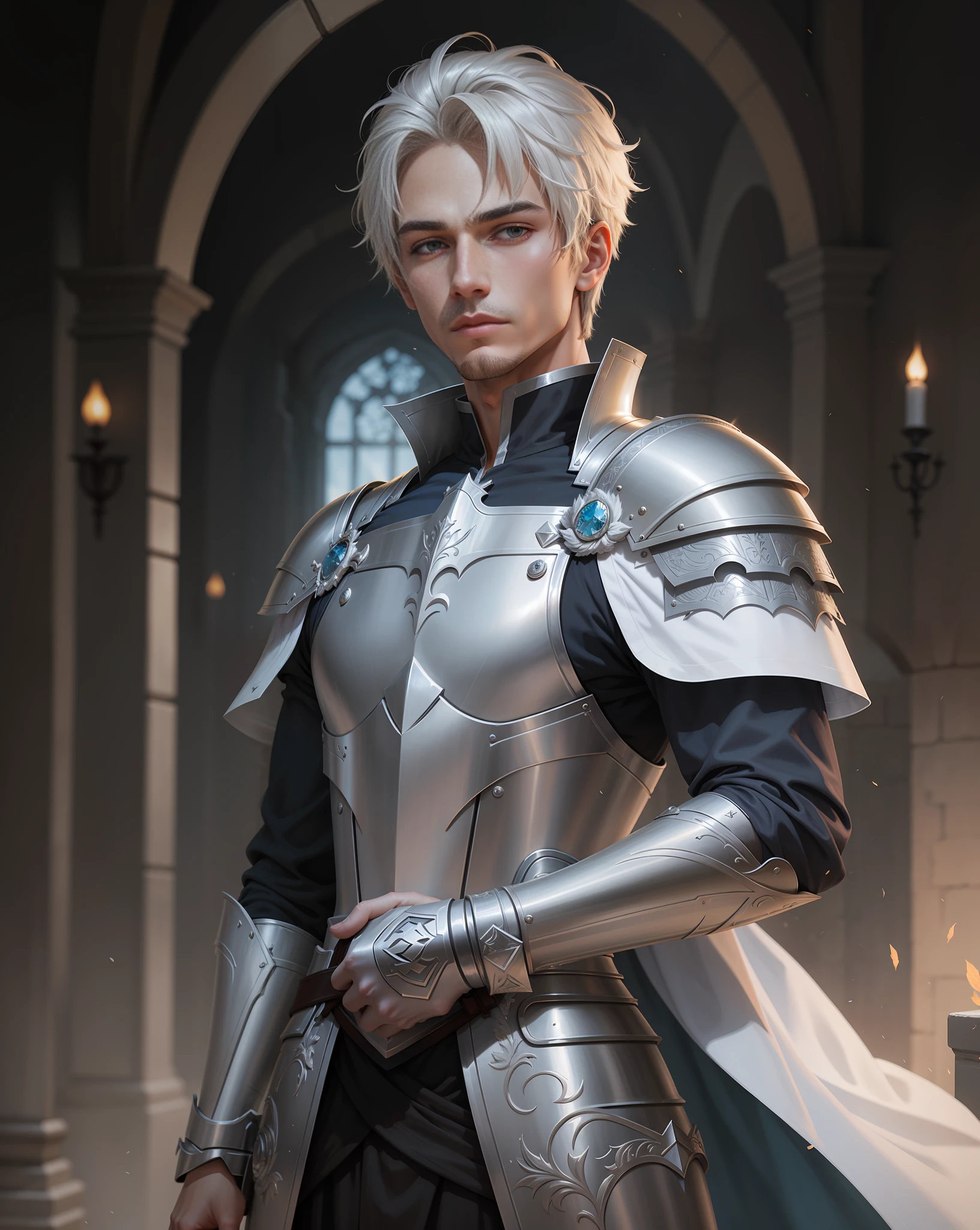 there is a man in silver armor holding a sword, paladin man portrait, knight man portrait, beautiful androgynous prince, of a beautiful Knight man, delicate androgynous prince, beautiful paladin man, magic knight full portrait, slightly body paladin marked , alexandra fomina artstation, knight man, handsome knight man, clad in light armor, exquisite epic character art